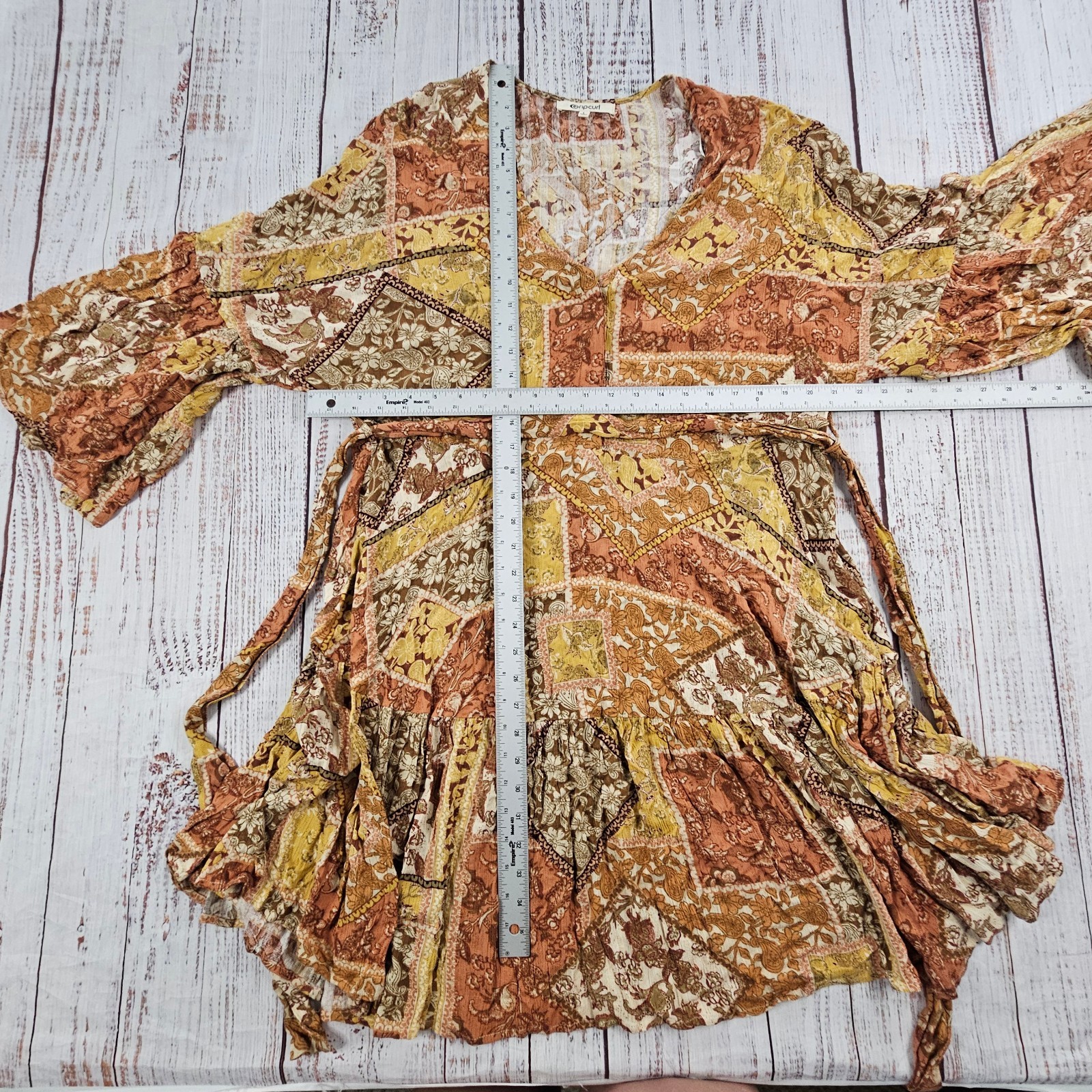 Rip Curl Boho Patchwork Bell Sleeve Tie Waist Flowy Festival Dress Large