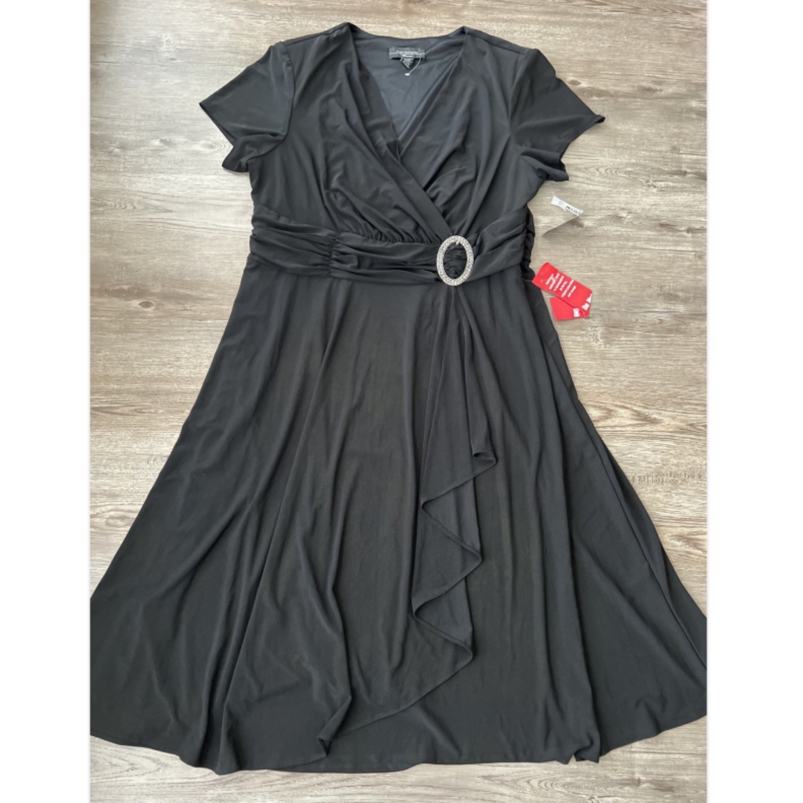 R&M Richards Cascade Dress Womens 16W Black Faux Wrap Rhinestone Buckle NWT