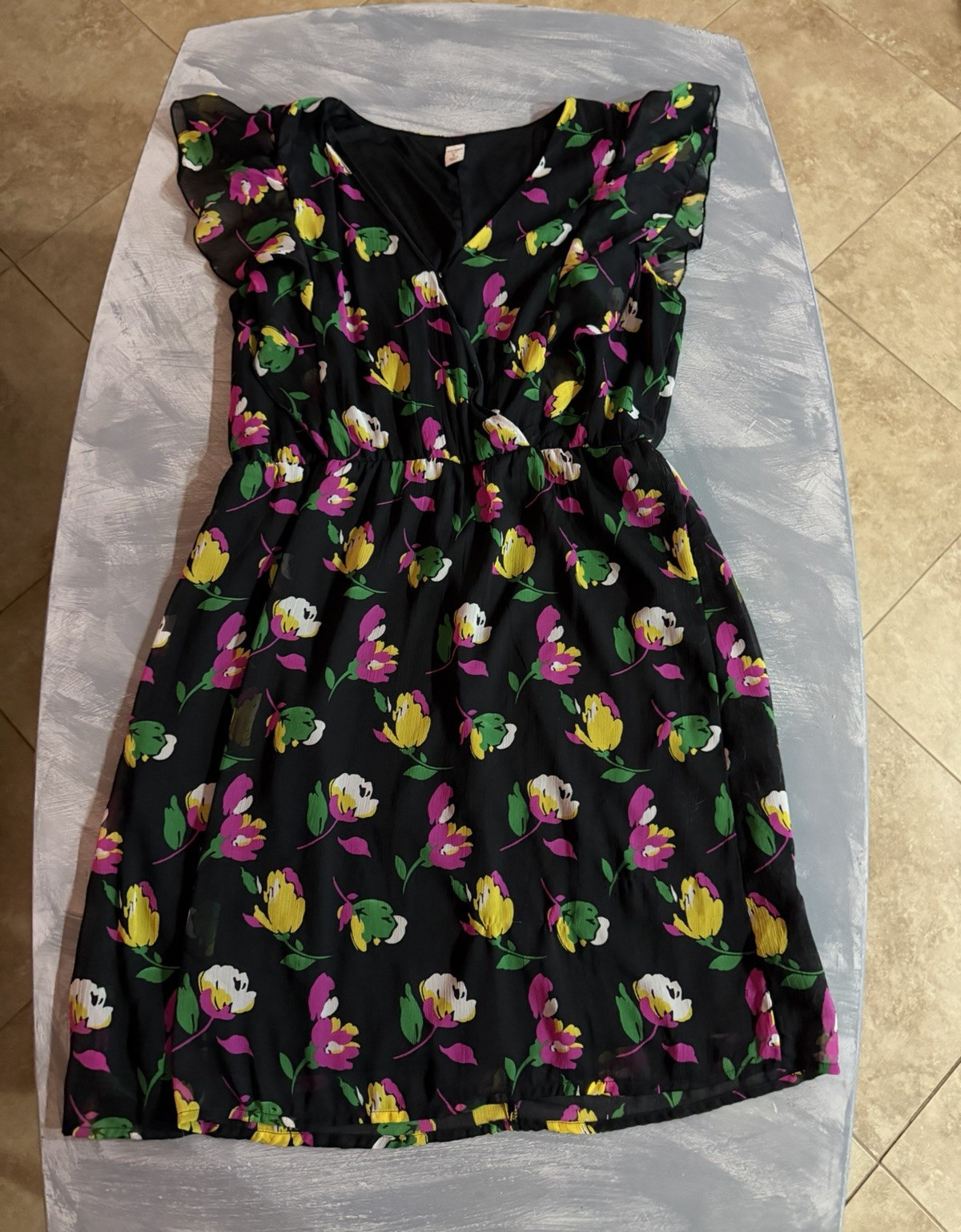 Old Navy Black/Multicolor Bird Print Chiffon Rayon V-Neck Button Dress L