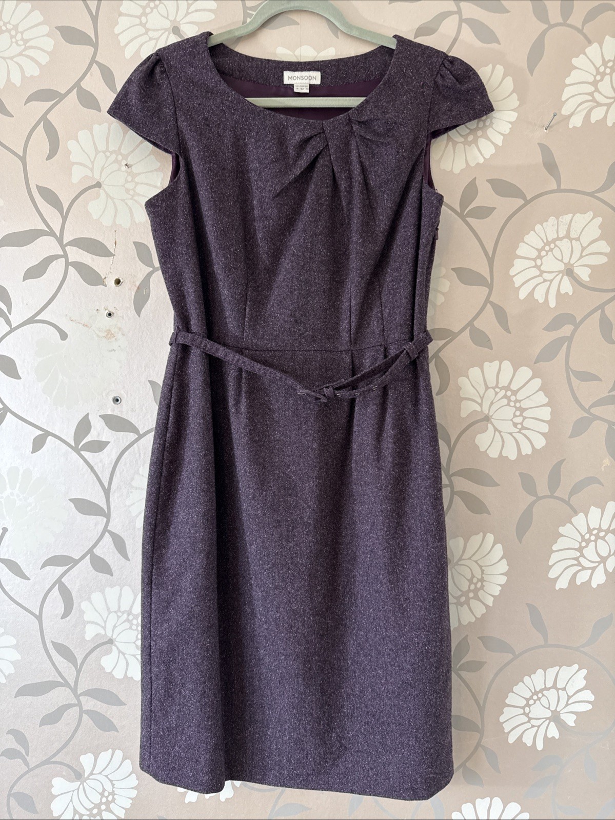 Monsoon Size 14 Purple Tweed Dress Wool Silk Content Knee Length Fitted VGC