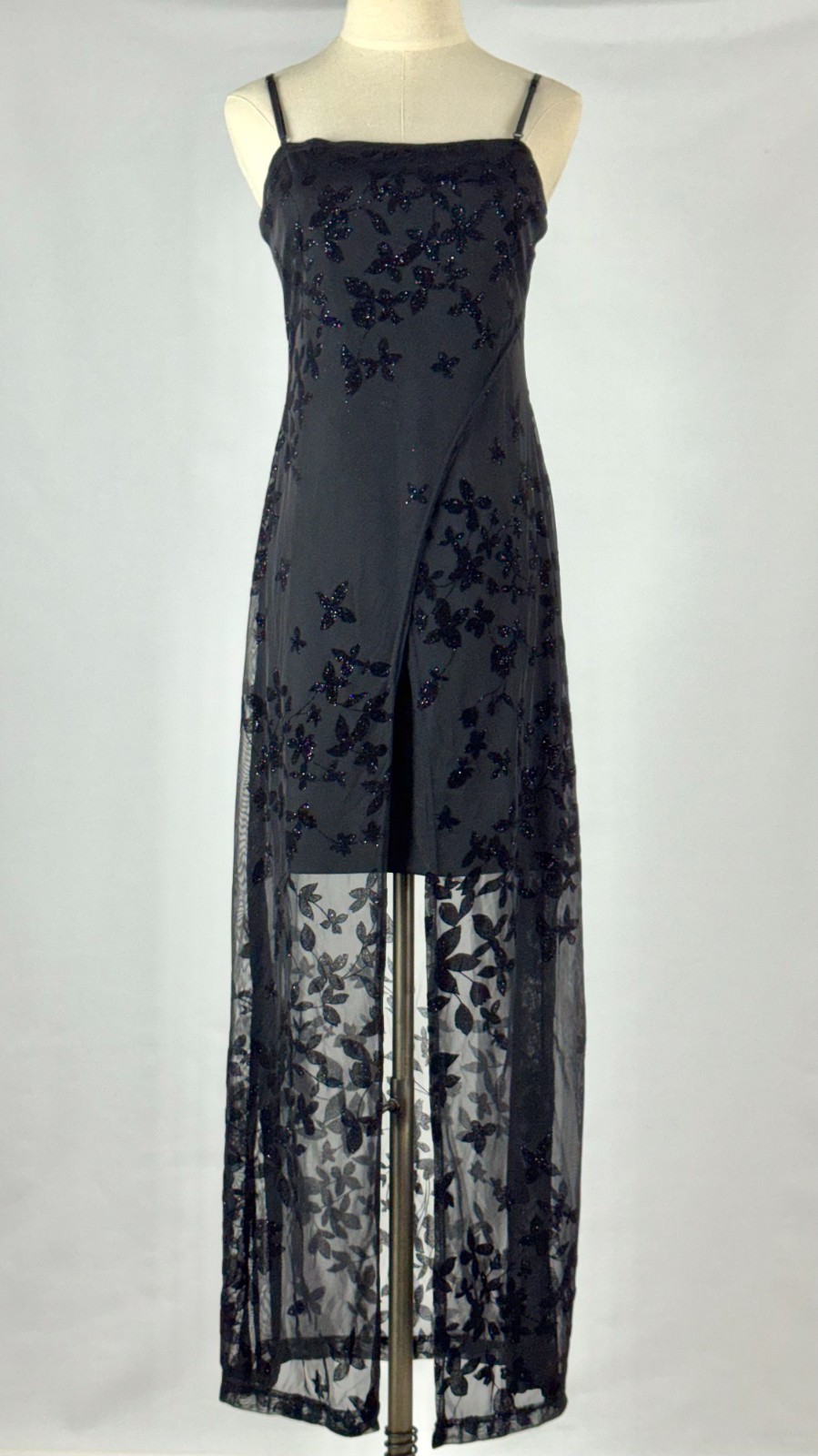 Vtg Y2K Velvet Burnout Floral Maxi Dress Sparkle Sheer Stretch Whimsigoth Witchy