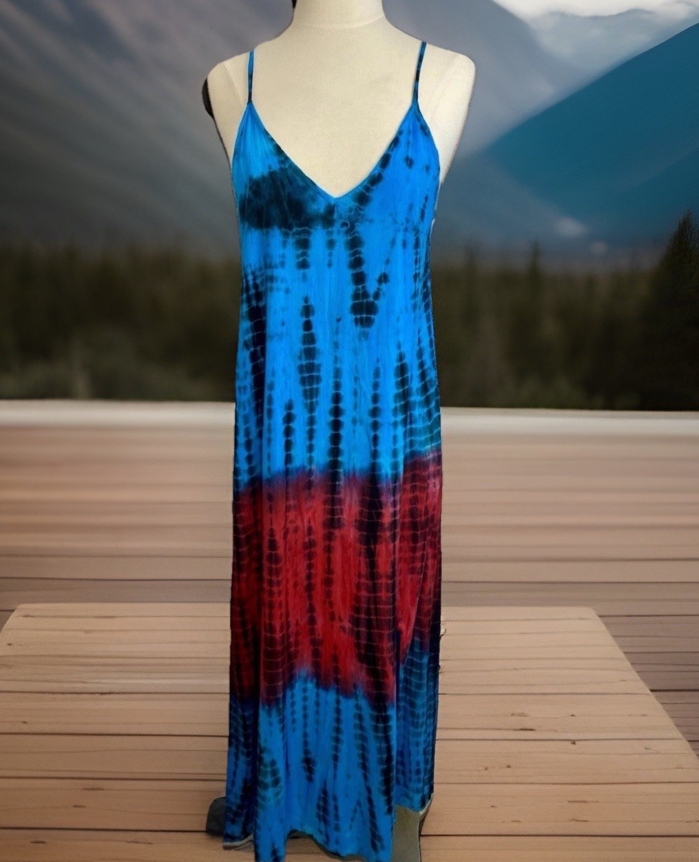 Y2K Red Blue Tie Dye Long Maxi Tank Top Sun Dress Swimsuit Cover Up Rayon Medium