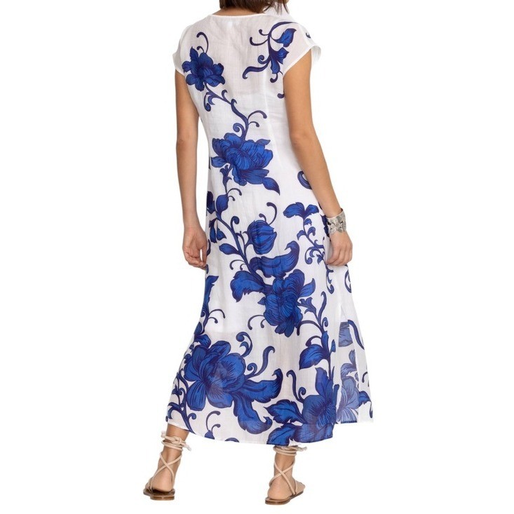 Johnny Was Workshop Blue Floral Ramie Maxi Dress Boho Resort Size M EUC