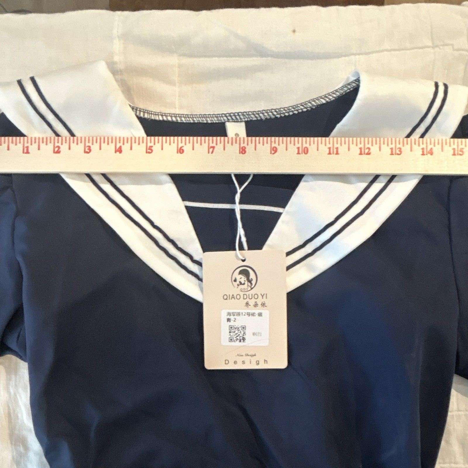 QIAO DUO YI M Women’s Navy White Sailor Collar A-Line Belted Dress Button Bow