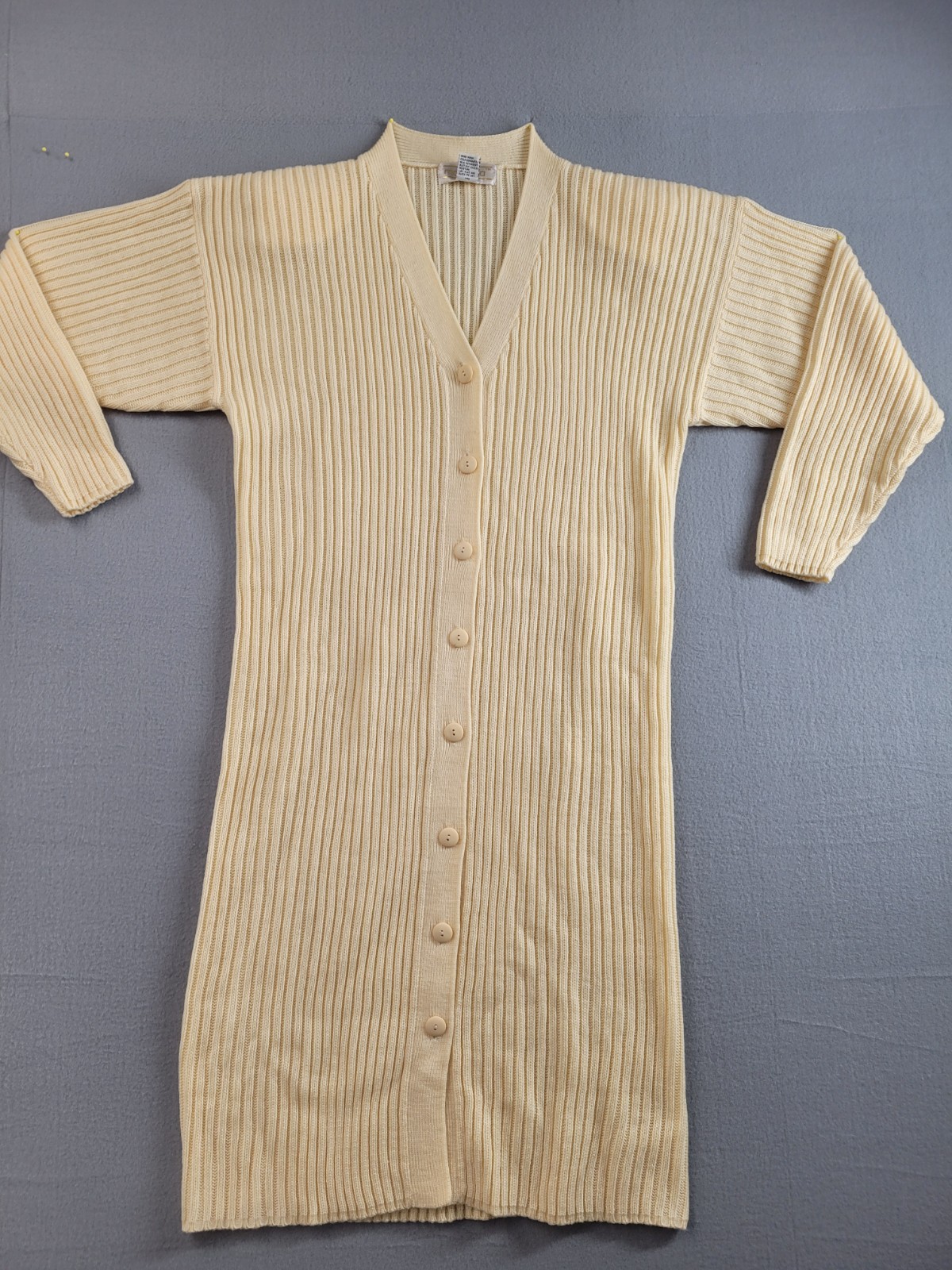 Maurada Women Sweater Dress L Tan Ribbed Knit Long Button Front V Neck Bodycon