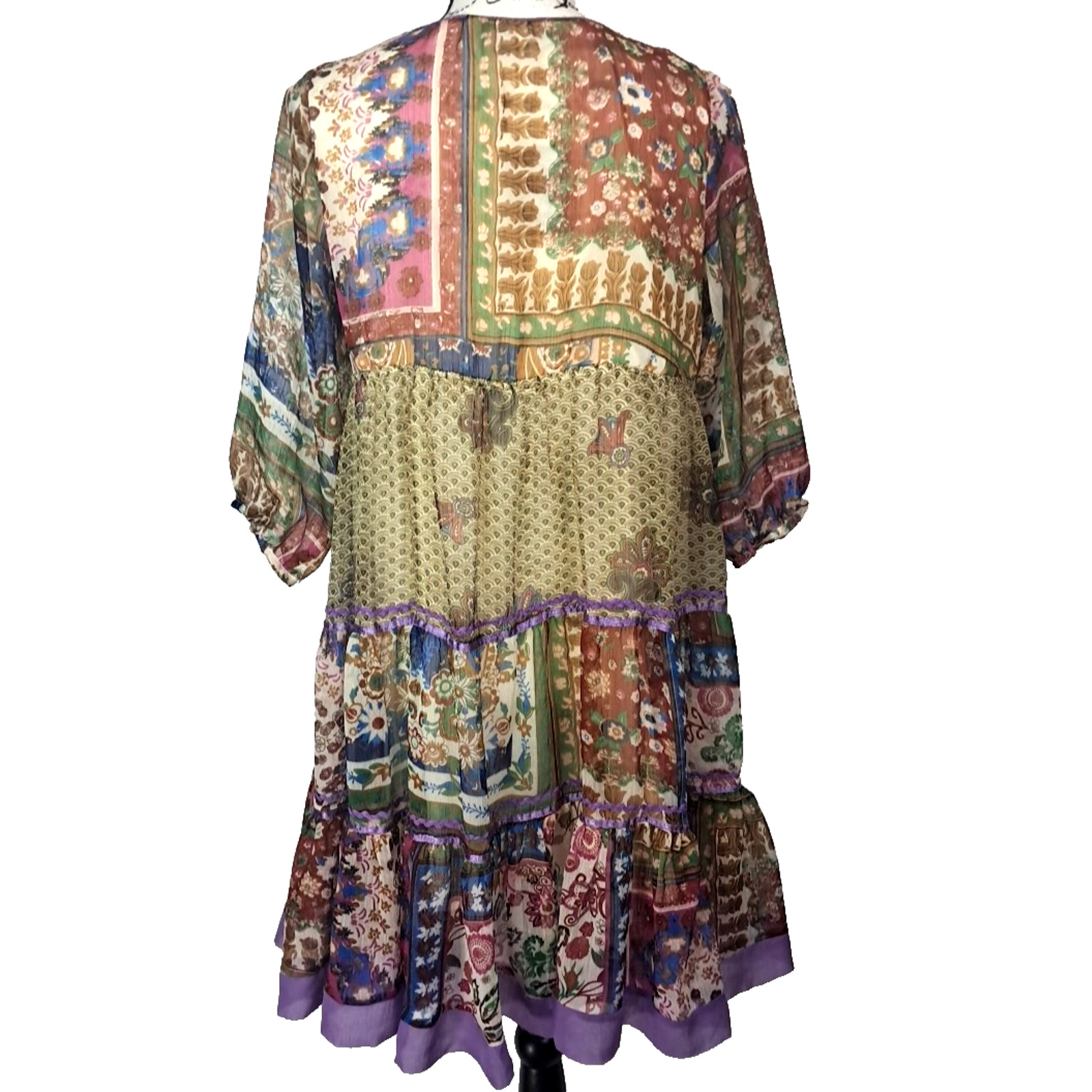 Babydoll Floral Sheer Patchwork Beaded Tiered Mini Dress Size M Purple Boho