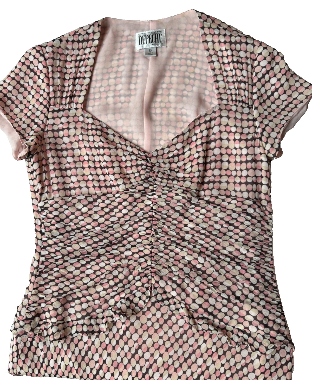Yves Cassette Depeche Mode Sz 10 Pink White Tan Brown Geometric Print Dress Silk
