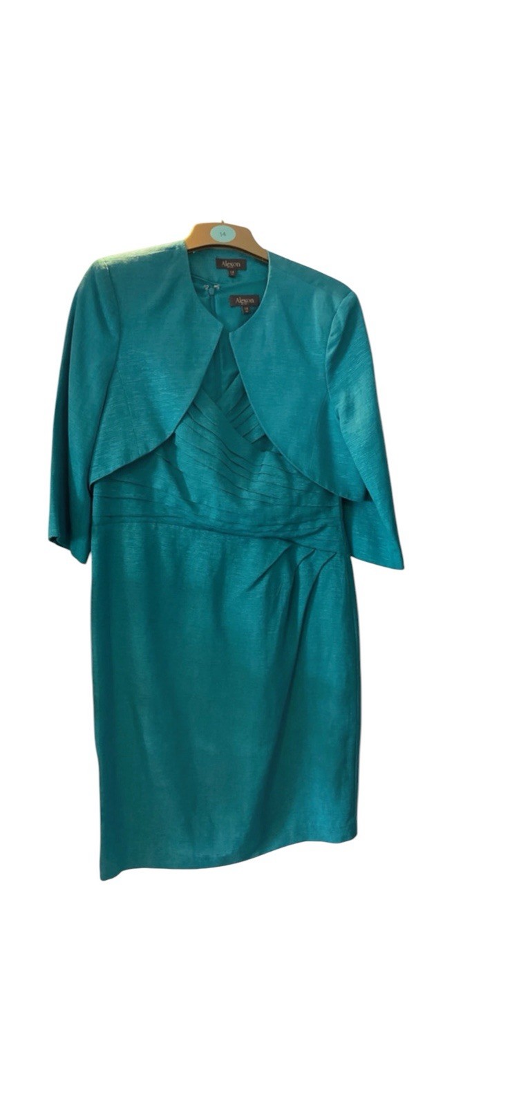 Alexon Turquoise Silk & Linen Dress Size 14 + Bolero