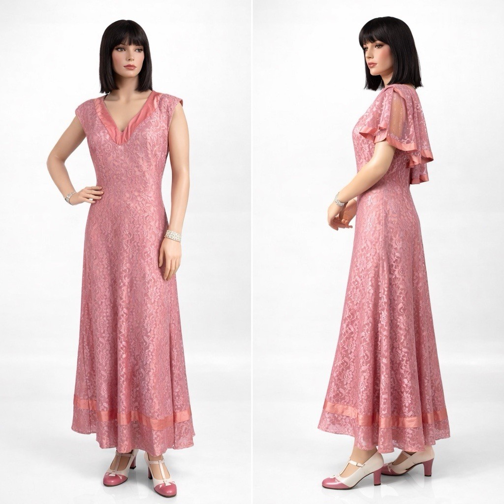 Vintage 40s Pink Lace & Satin Bias Cut Dress W Capelet M Bridal Wedding Cocktail
