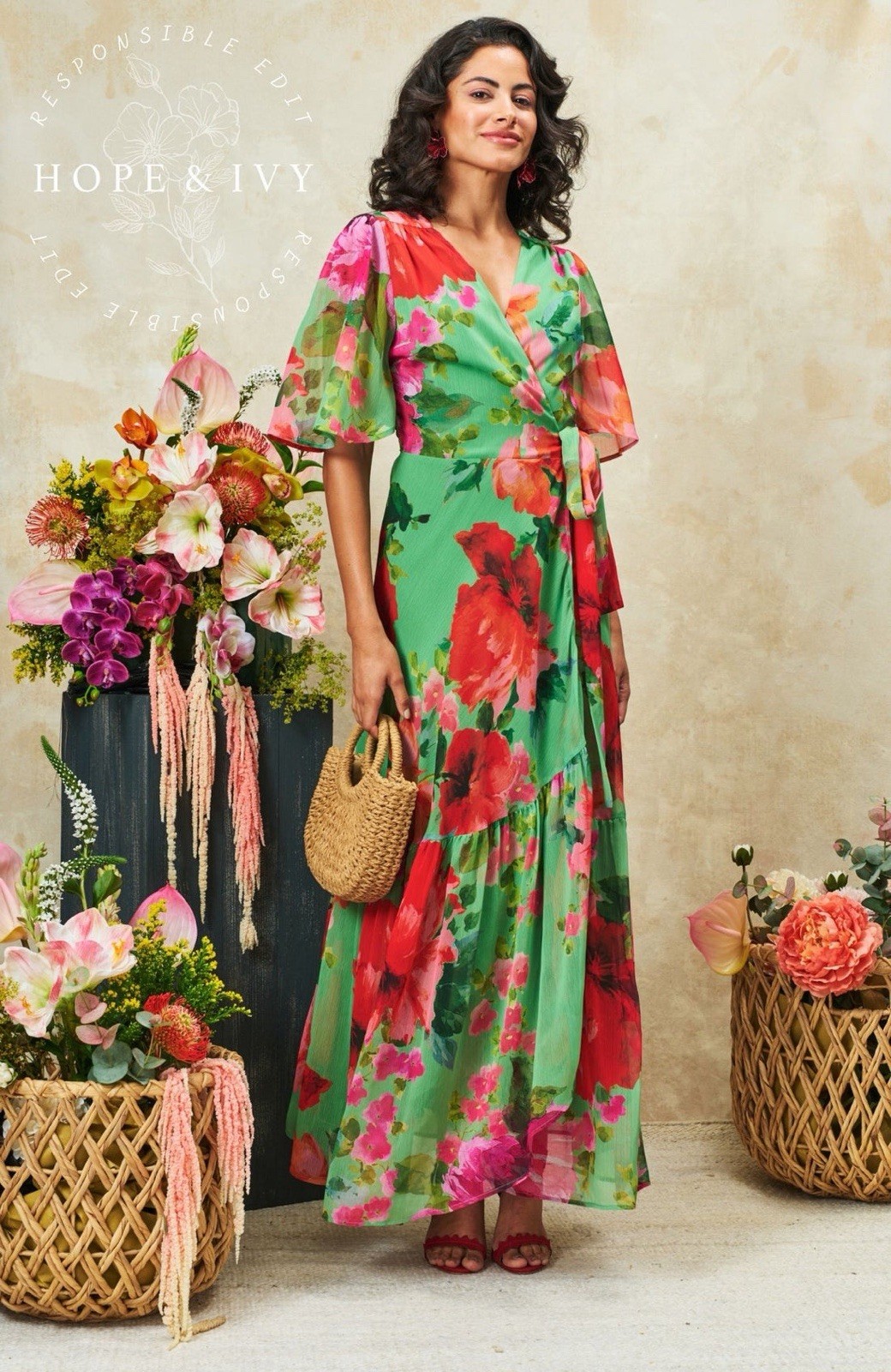 Floral Wrap Dress Maxi Dress With Flutter Sleeves