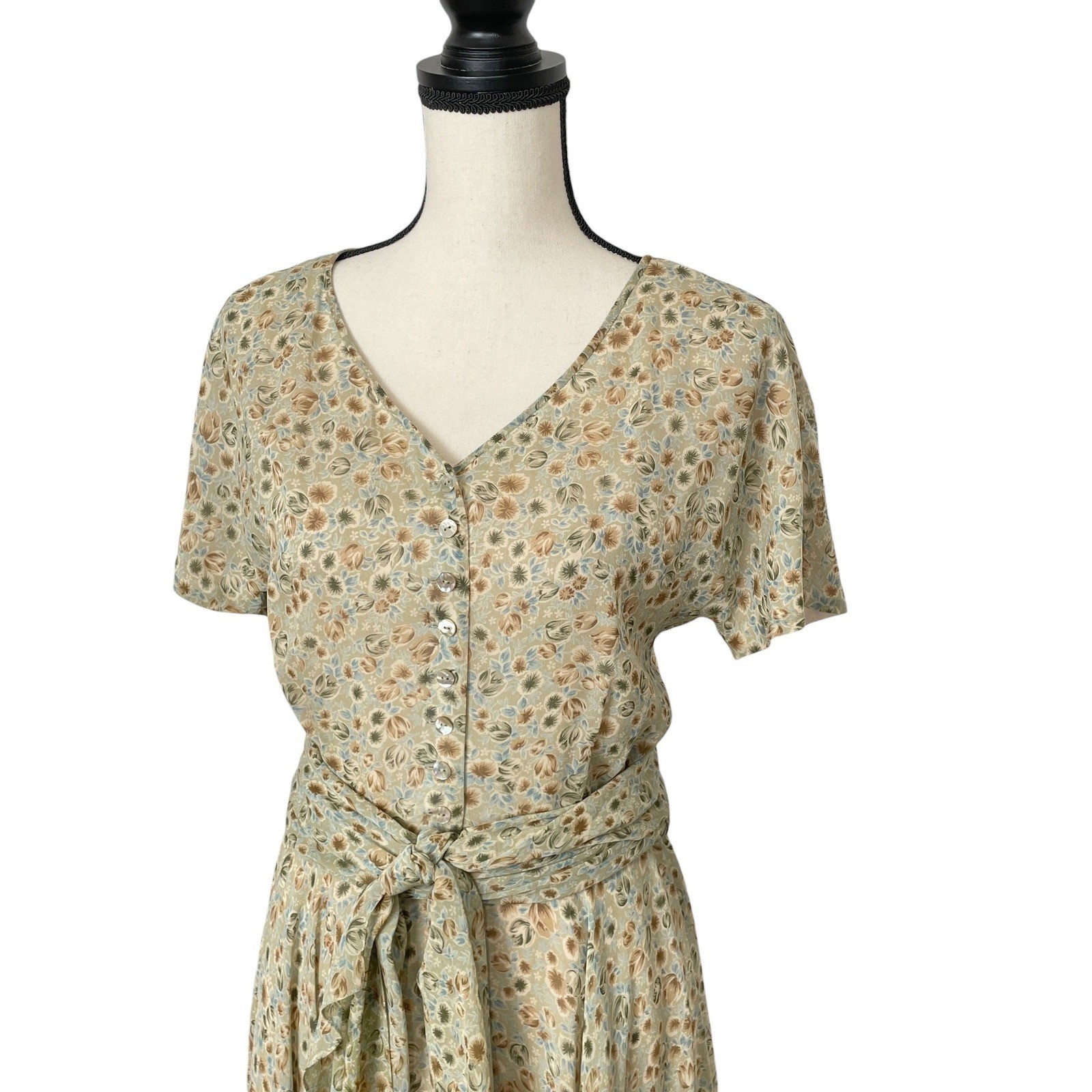 Vintage Dana Buchman 100% Silk Ditsy Floral Tie Waist Dress 8 Cottagecore Earthy