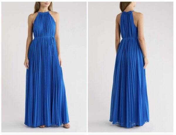NWT $325 SZ 2 Ted Baker Blue London Helios Halter Pleated Maxi Dress