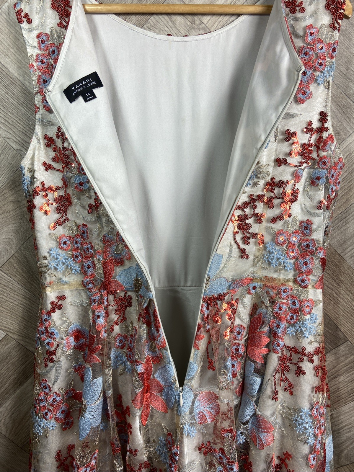 Tahari by Arthur S Levine Flared Dress Blue/Red Floral Embroidery/Sequin Size 14