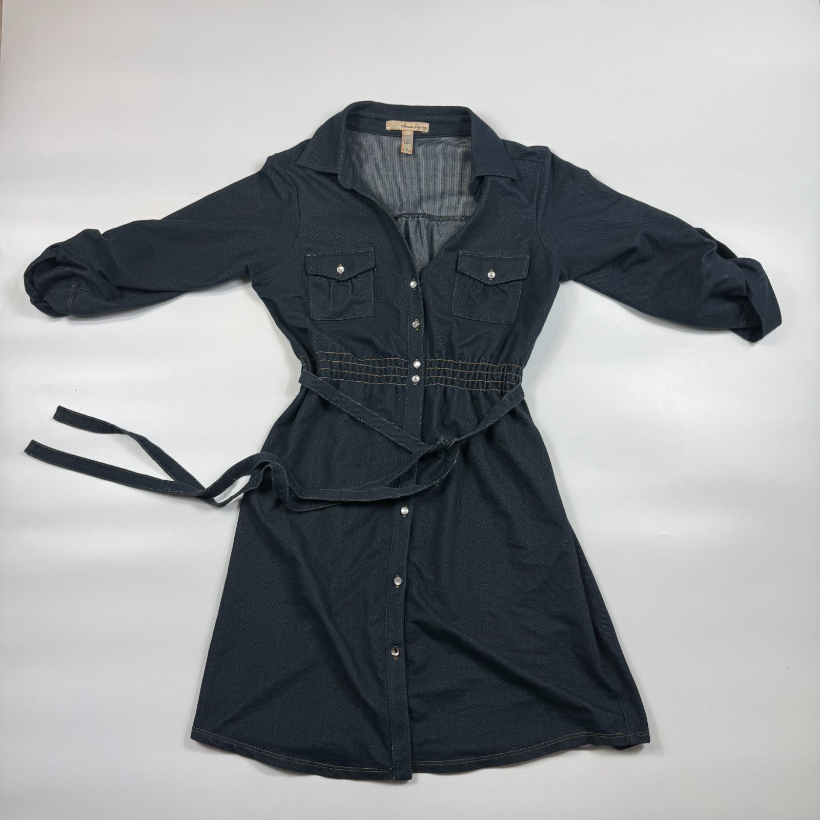 American Rag Cie Shirt Dress Womens Large Blue Denim Tie Waist Button Front