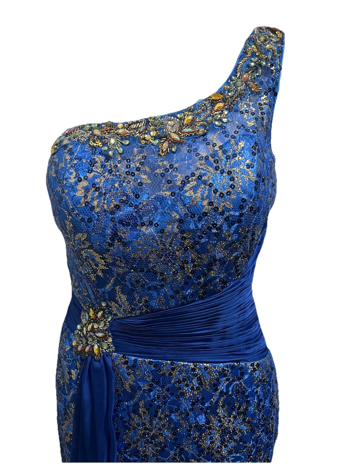 Dancing Queen 6 Royal Blue & Gold Beaded One Shoulder Dress Prom Formal Vintage