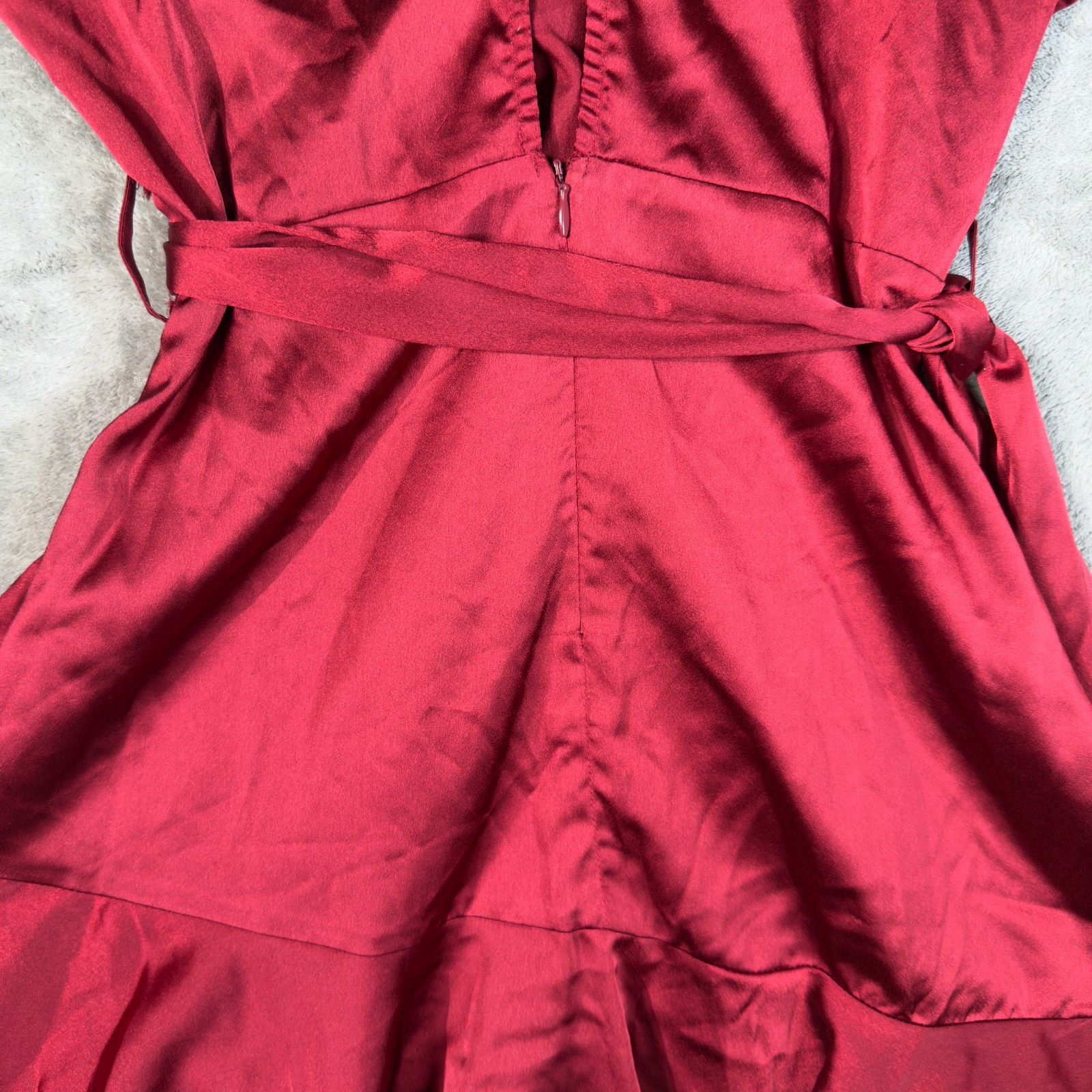 SHEIN Burgundy Wrap Style Mini Dress M Bell Sleeve Ruffle Hem Tie Waist