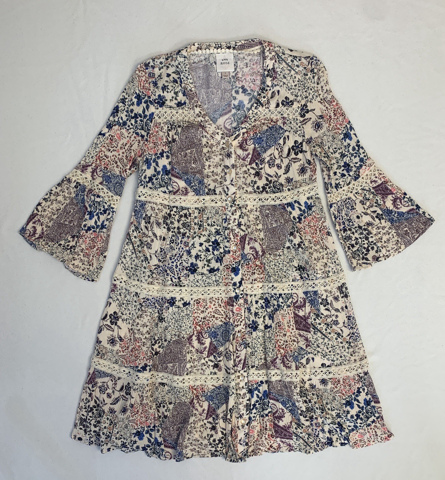 Knox Rose Short Dress S Prarie Cottage Patchwork Lace Tiered Boho Peasant