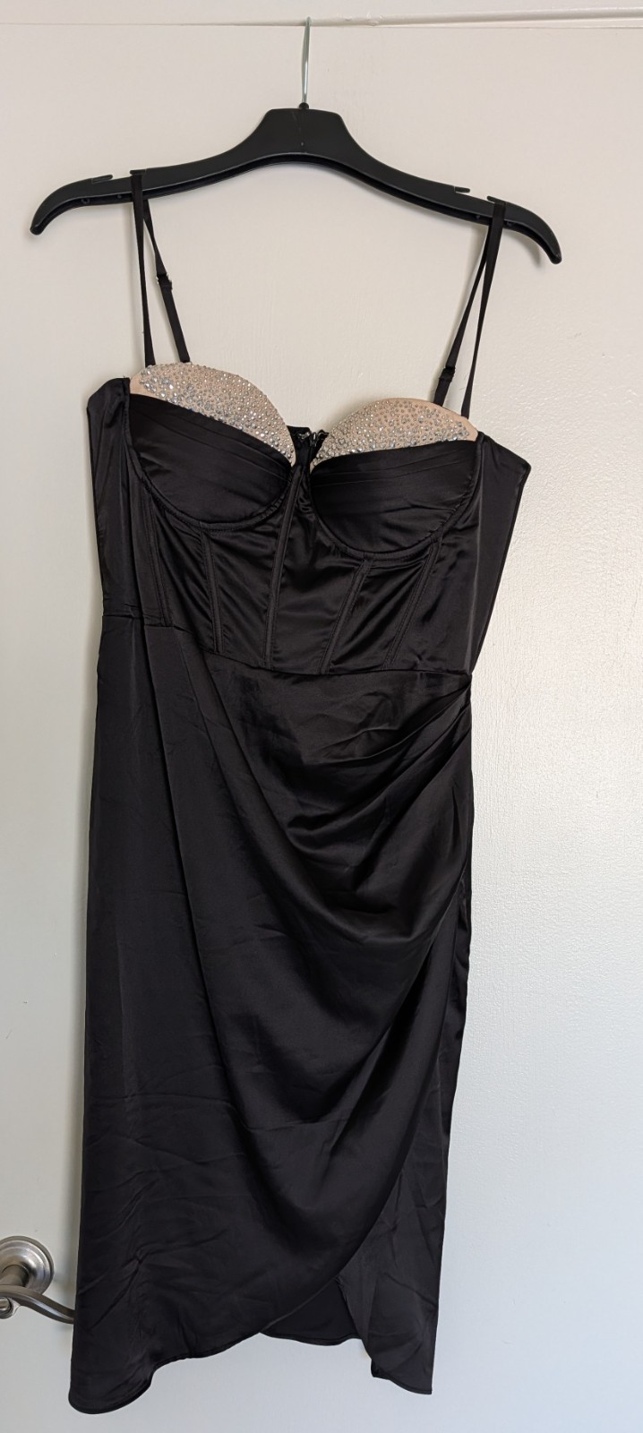 EROS Apparel Inc Dress L Black Satin Rhinestone Cups Corset Top Evening Festival
