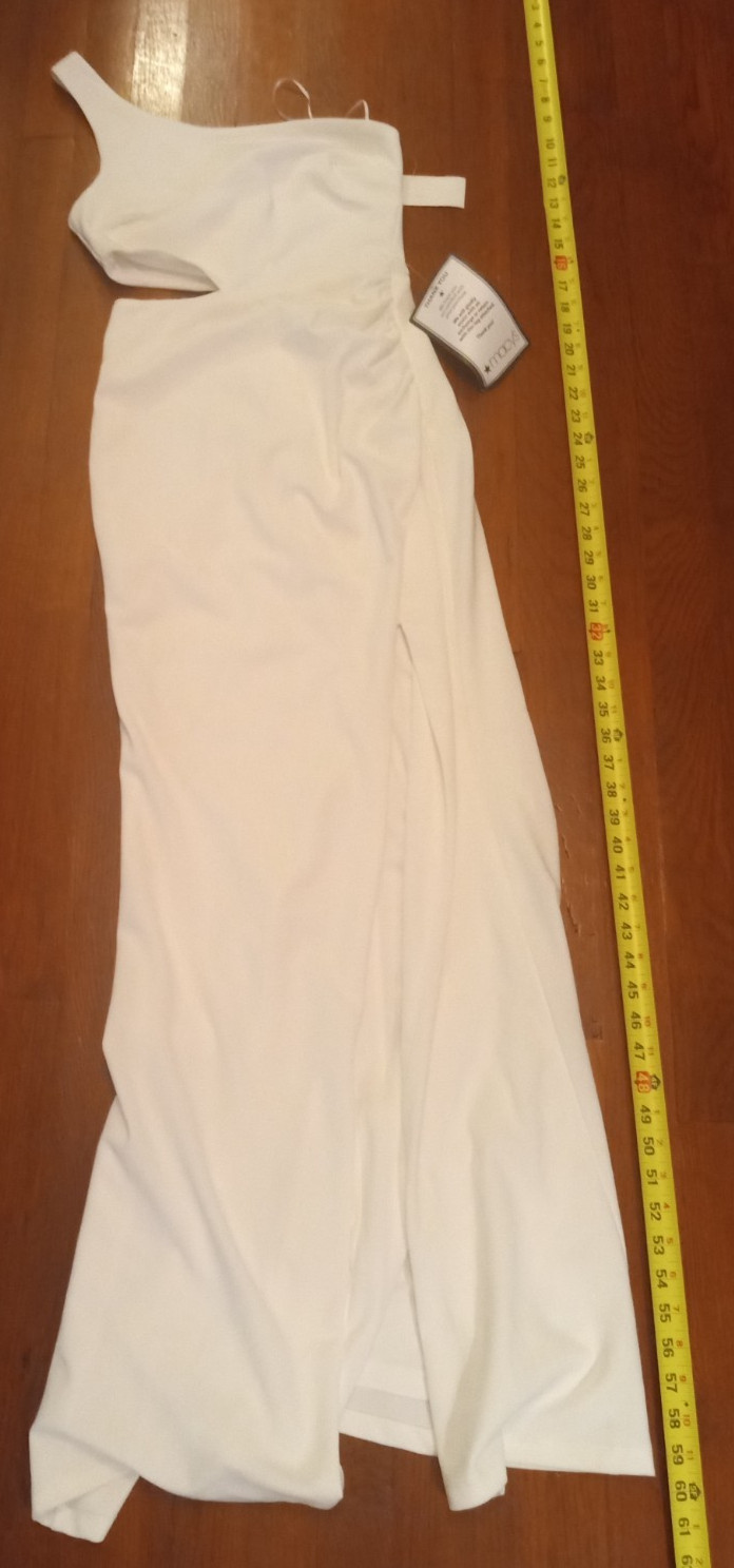 Crystal Doll Juniors’ One-Shoulder Long Gown, Ivory, Size 3, MSRP $79, Cut Out