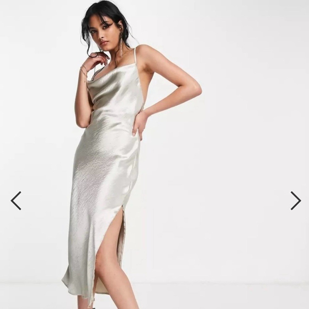 ASOS DESIGN Cami Maxi Satin Slip Dress with Lace Up Back Size 6 in Silver NWT