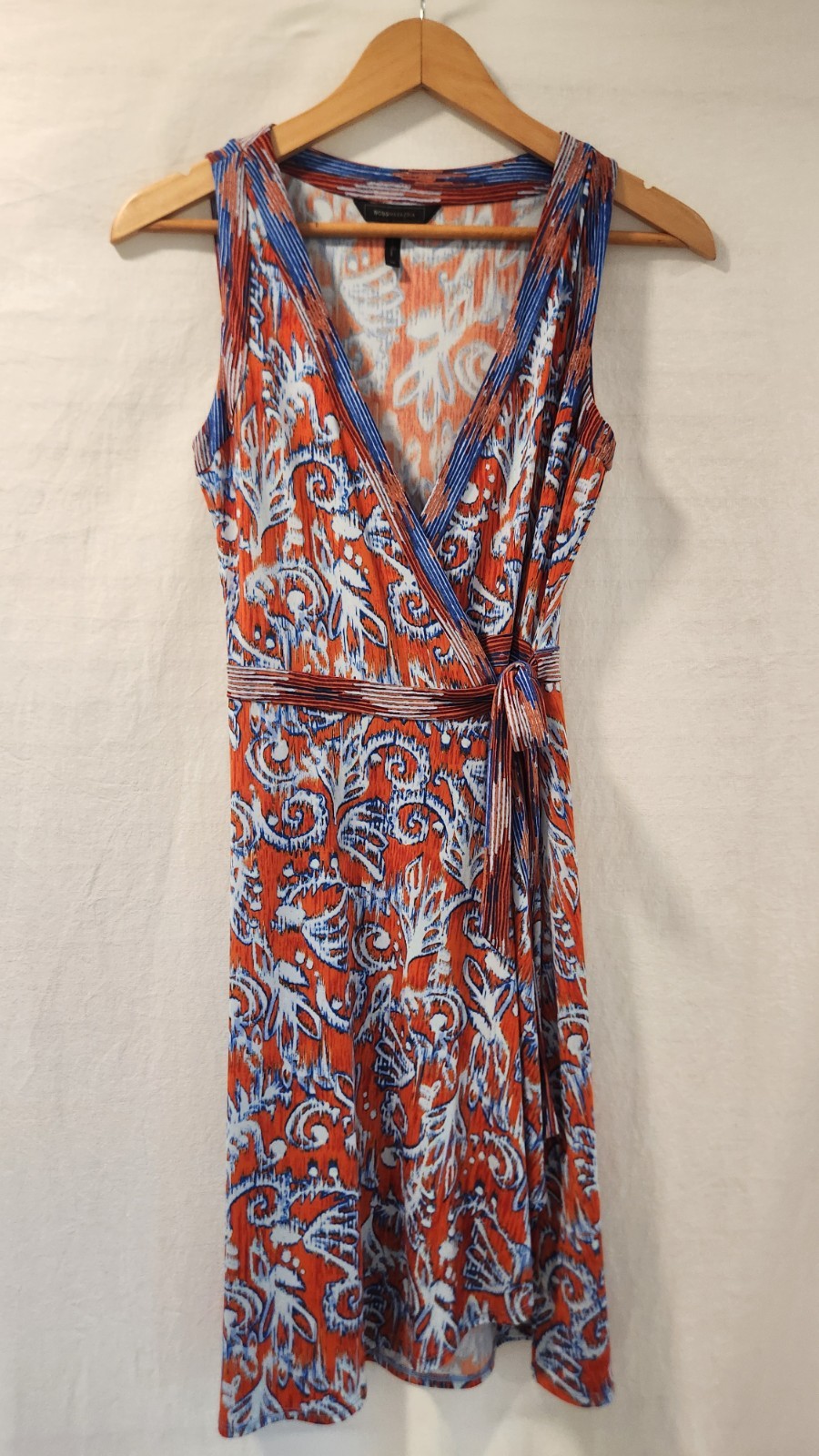BCBGMAXAZRIA Orange Blue Ikat Print Hallee V-Neck Wrap Tie Dress Size XS