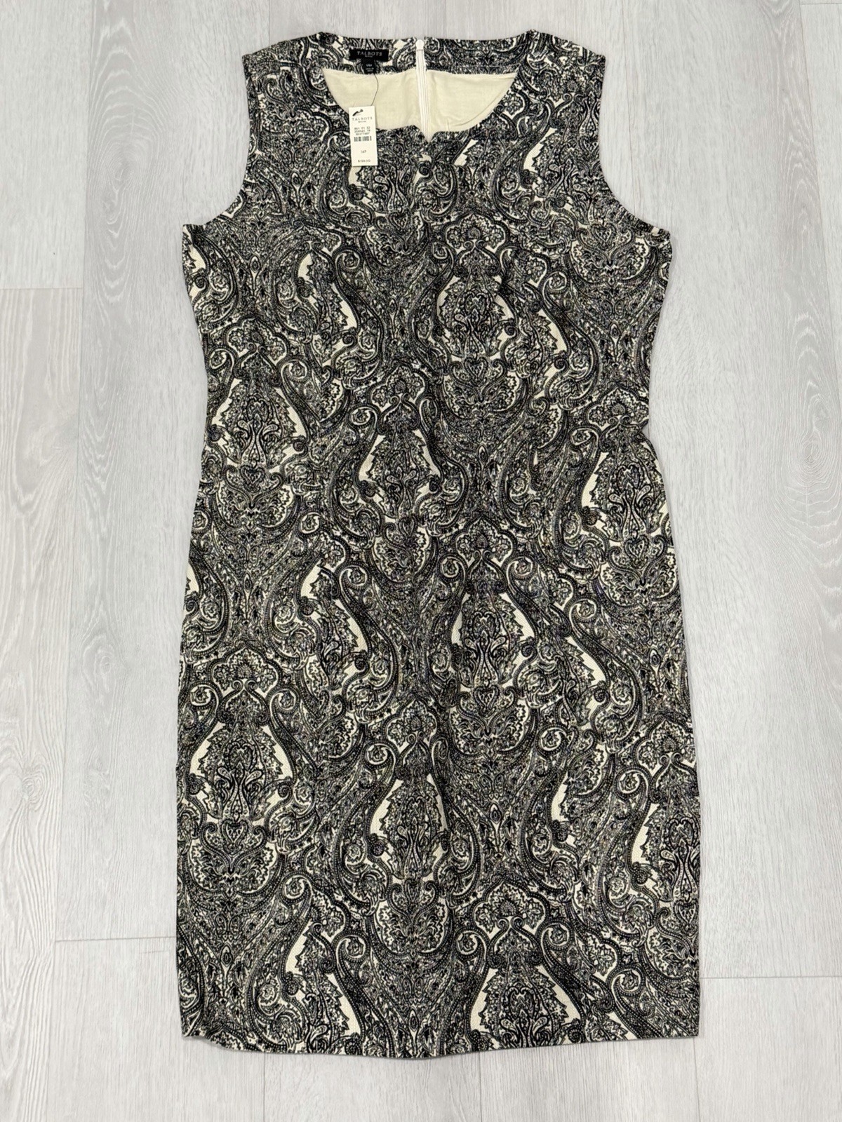 Talbots NEW $139 Sz 14P Cotton Ble Sheath Shift Dress Lined Paisley Black White