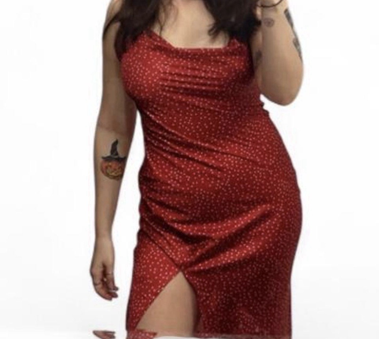 Paper Heart Red/White Polka Dot Cowl Neck Midi Slip Dress S Side Slit
