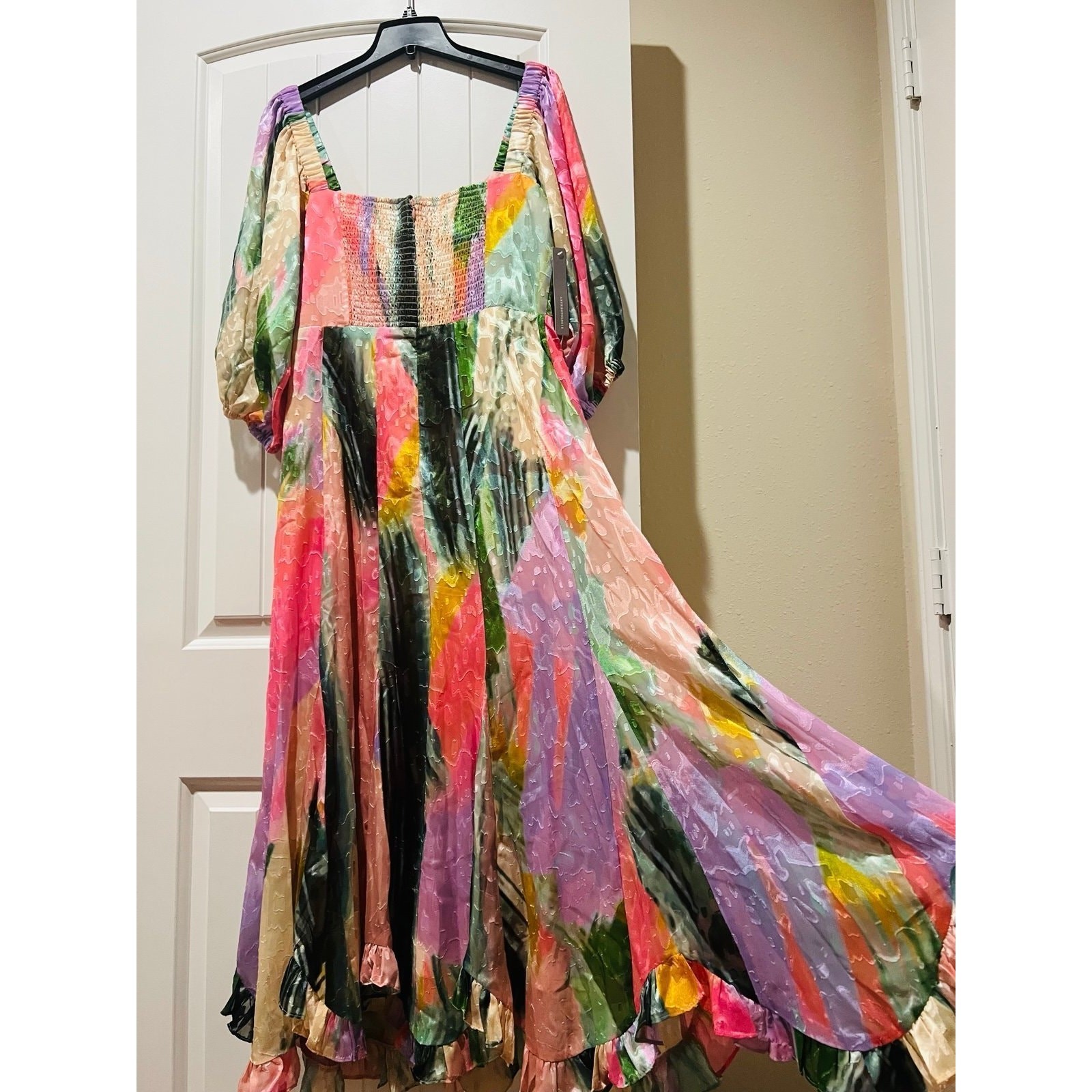 NWT❤️Anthro Hutch Printed Twist-Front Puff-Sleeve Ruffle-Hem Dress szL