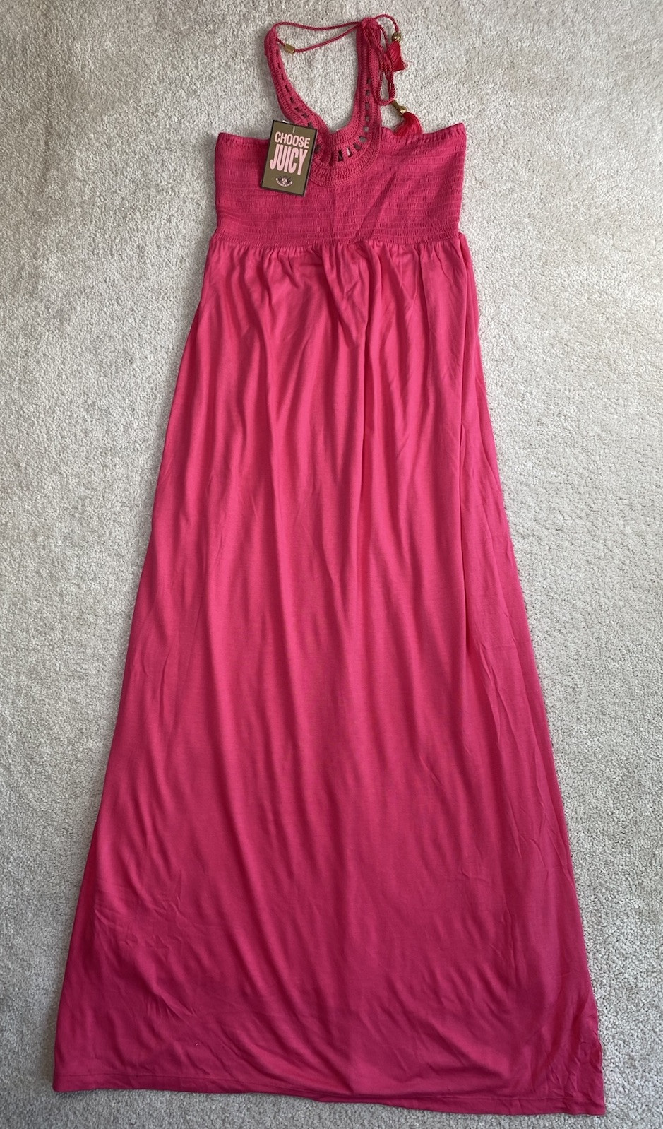 Juicy Couture Dress L Maxi Cotton Pink Smocked Halter Tassel Crochet Beachy $298