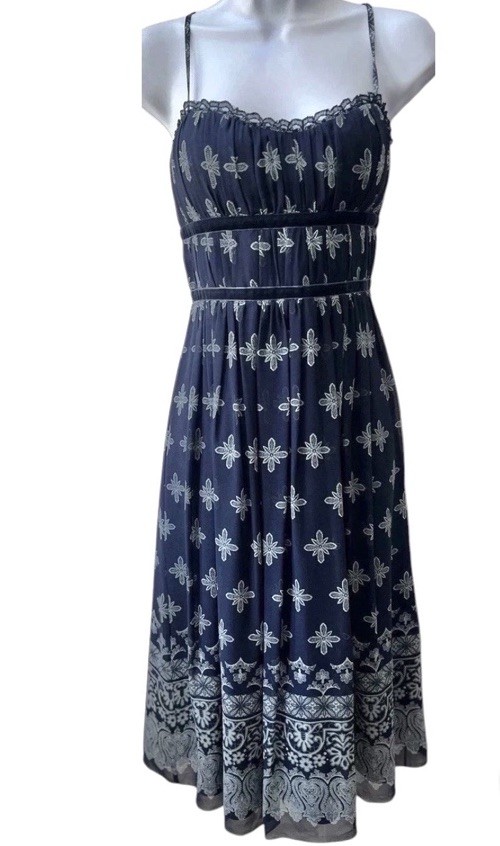 New Max & Cleo Boho Print Silk Dress 10 Sweetheart Neck Blue Sleeveless NWT $138