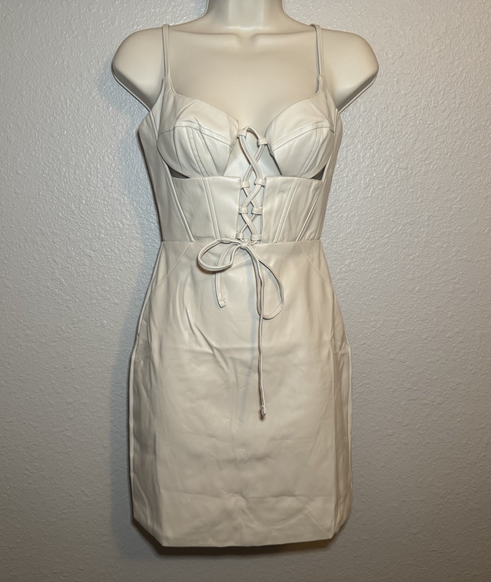 TIC TOC Women’s S Ivory Faux Leather Lace-Up Corset Bodycon Mini Zip Dress – NWT