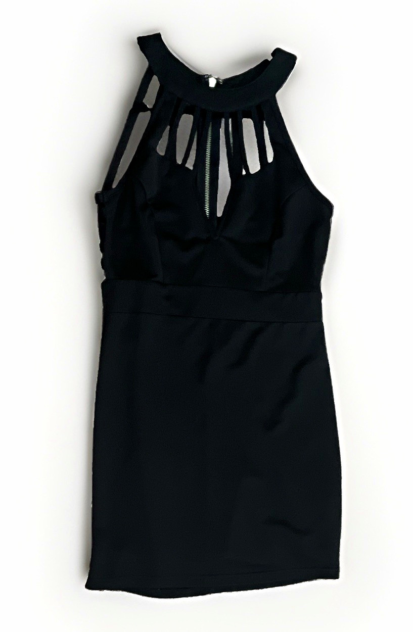 Women’s Black Halter Strappy Mesh Bodycon Mini Dress Zip Closure Size M