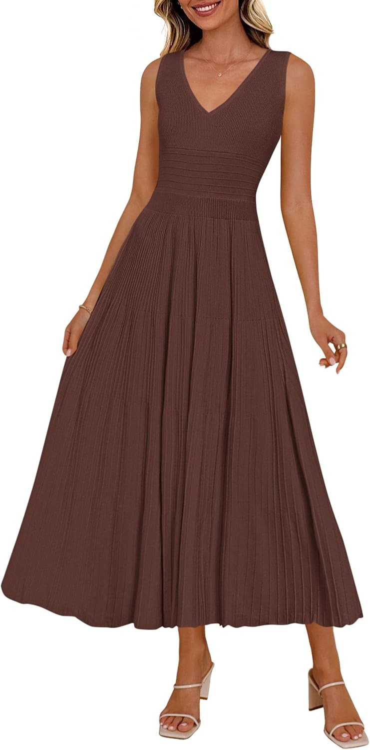 Summer Dresses for Women 2026 Spring Casual Sleeveless V Neck Pleated Midi Work