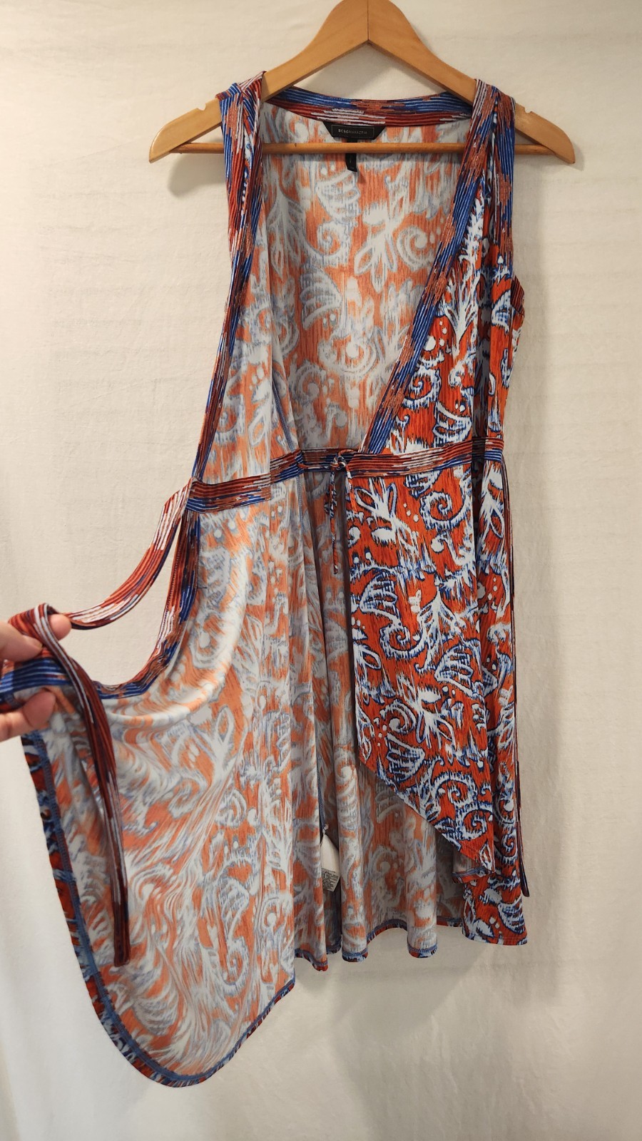 BCBGMAXAZRIA Orange Blue Ikat Print Hallee V-Neck Wrap Tie Dress Size XS
