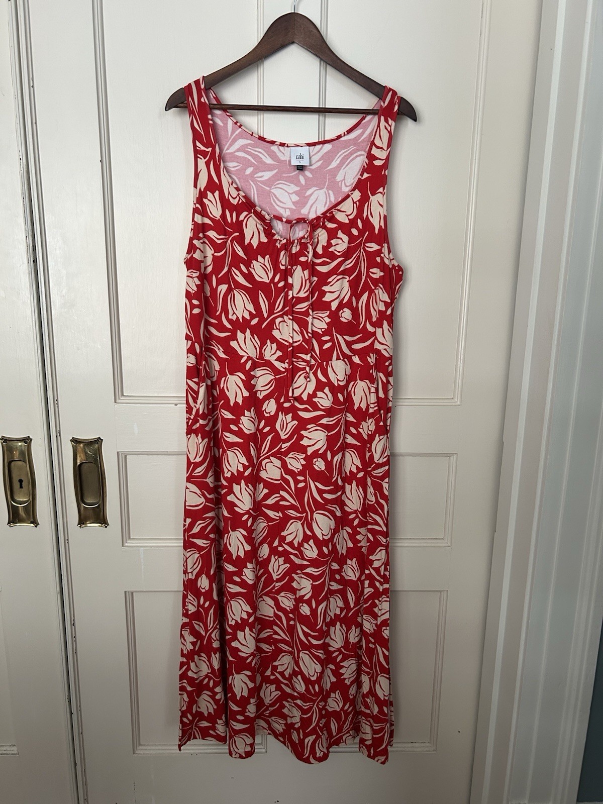 Cabi Floral Stretch Maxi Dress Womens Size Large Red Tan Comfort Beach Preppy