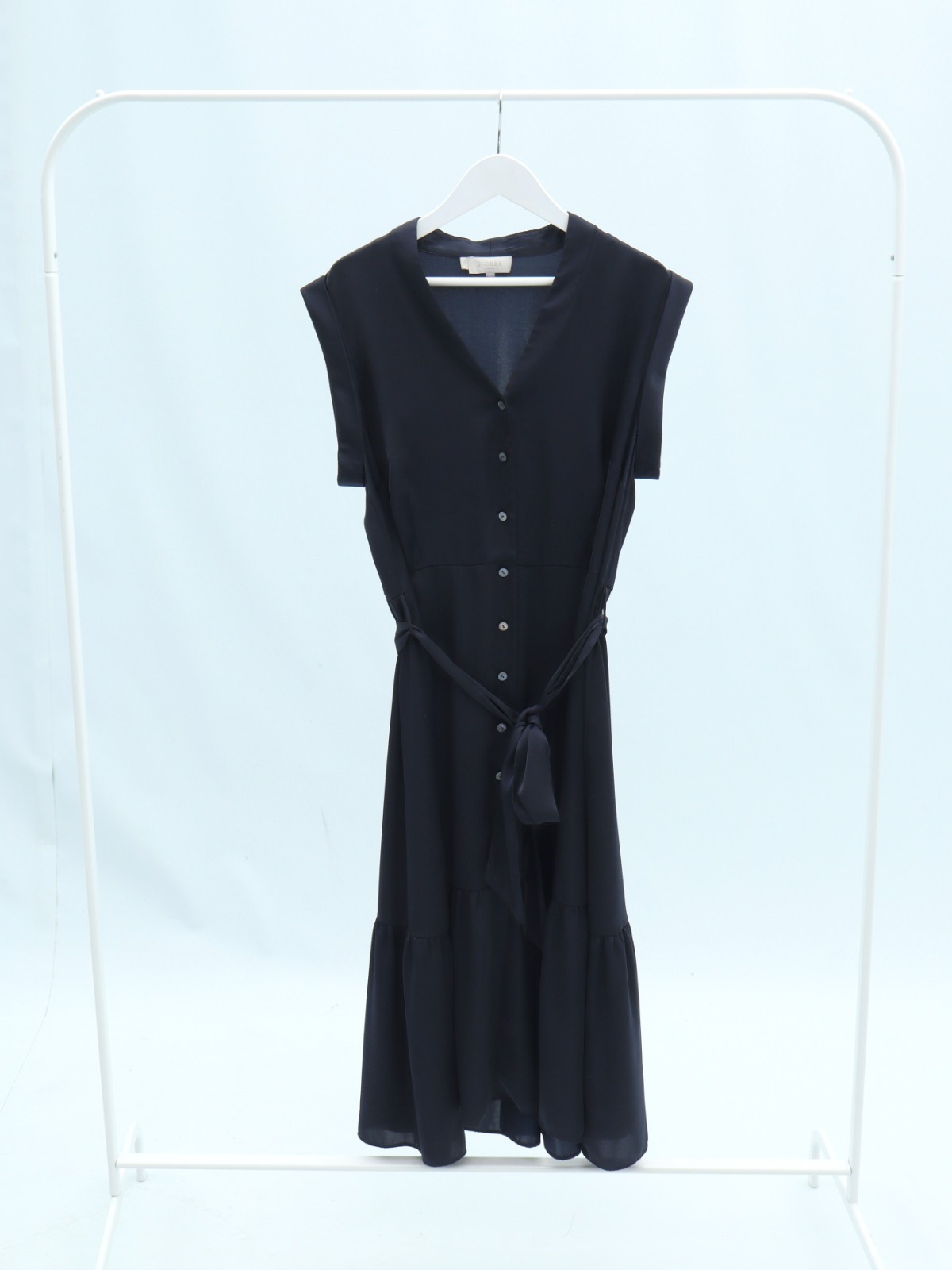 Hobbs Midi Dress Satin Button Waist Tie Belted Navy Blue Size 16