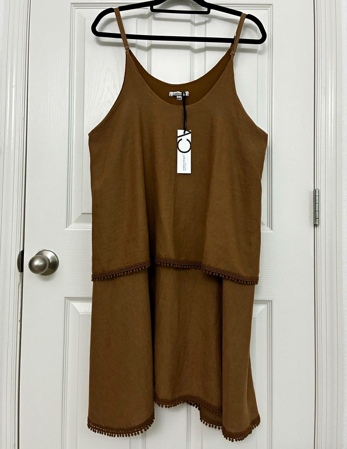 Cristina Vergano Brown Linen Blend Slip Dress L Scoop Neck Knee Pom-Pom