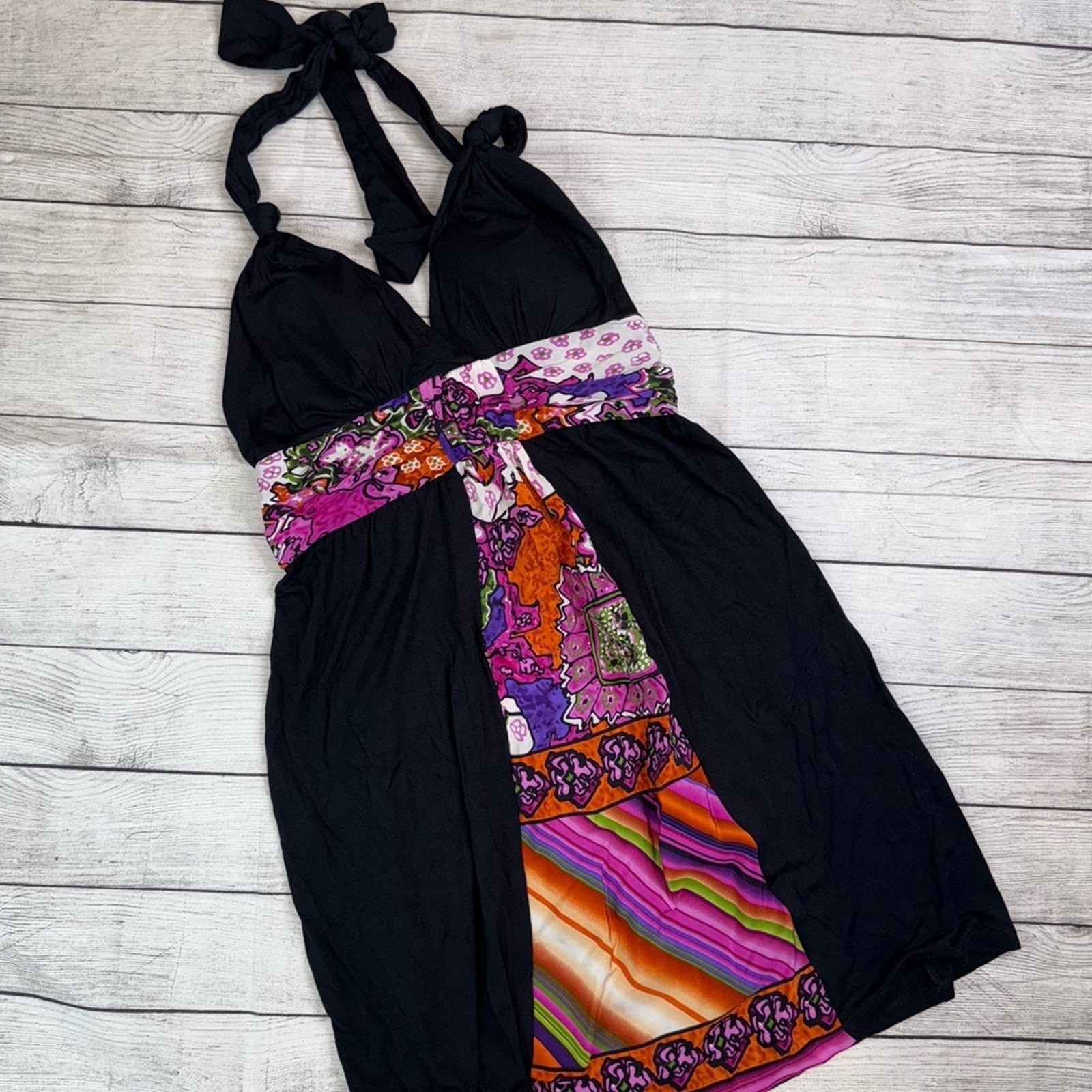 SINGLE DRESS NWT Black Halter Dress with 100% Silk Multicolor Accent Size Medium