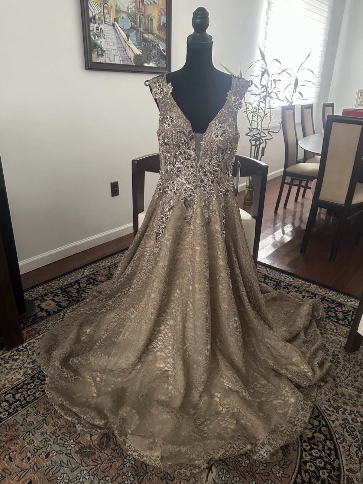 Jovani – Embellished Lace A – Line Evening Gown Taupe Size 14