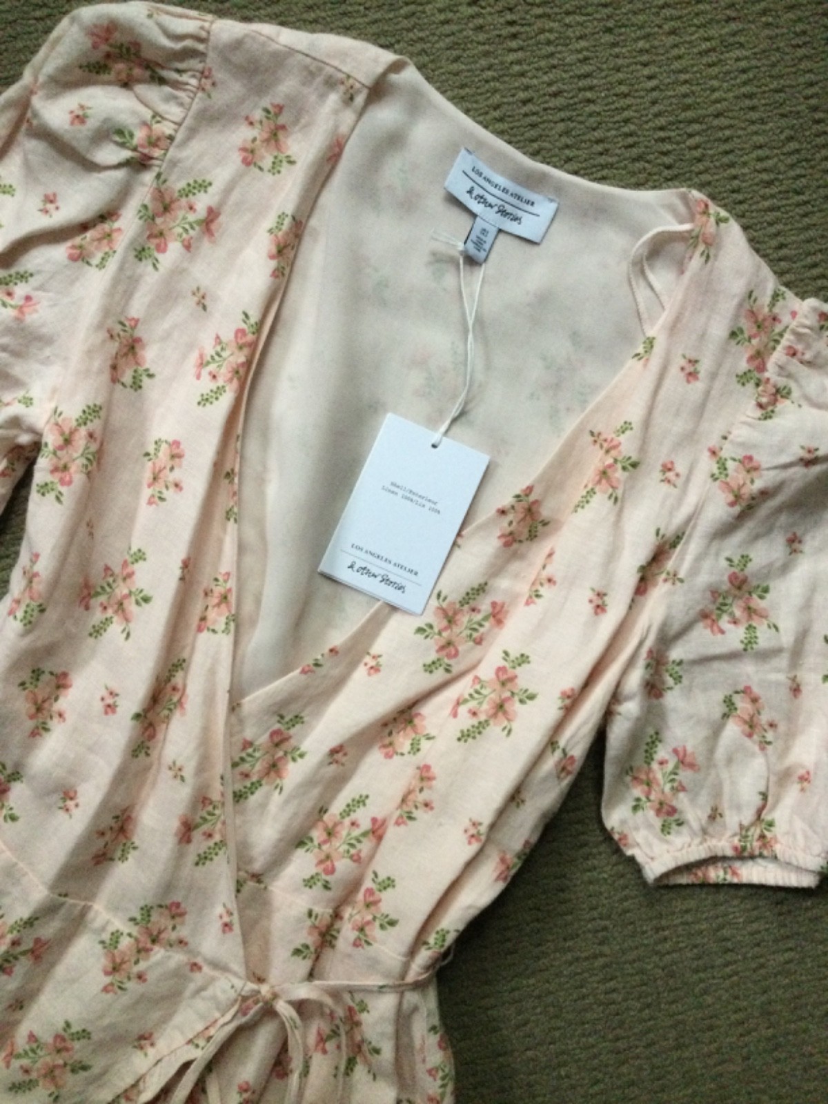 & other stories peach floral 100% linen wrap tie dress ruffles NWT Womens 2 $119