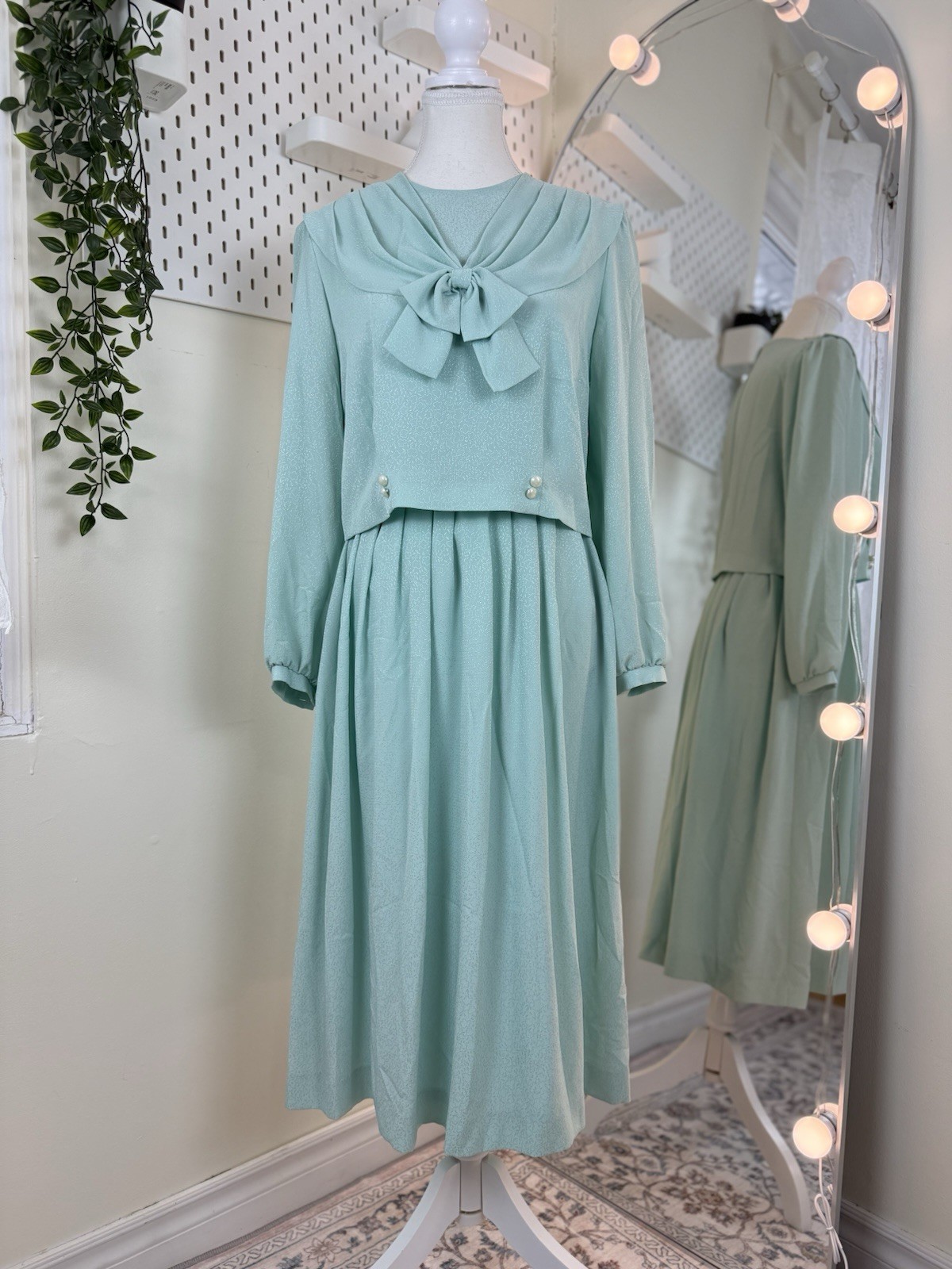 Fransoise Bow Neck Midi Dress Long Sleeve Pearl Button Detail Pleated Skirt