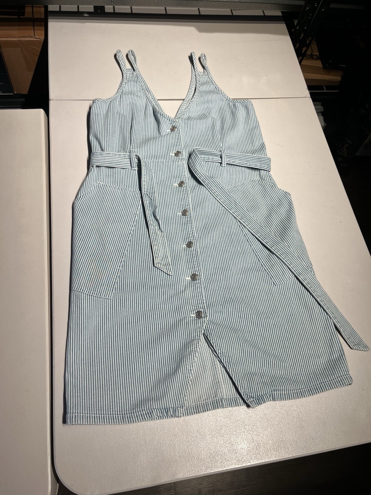 Oat New York Dress Women’s XL Denim Button up Tie Blue White Striped Pockets