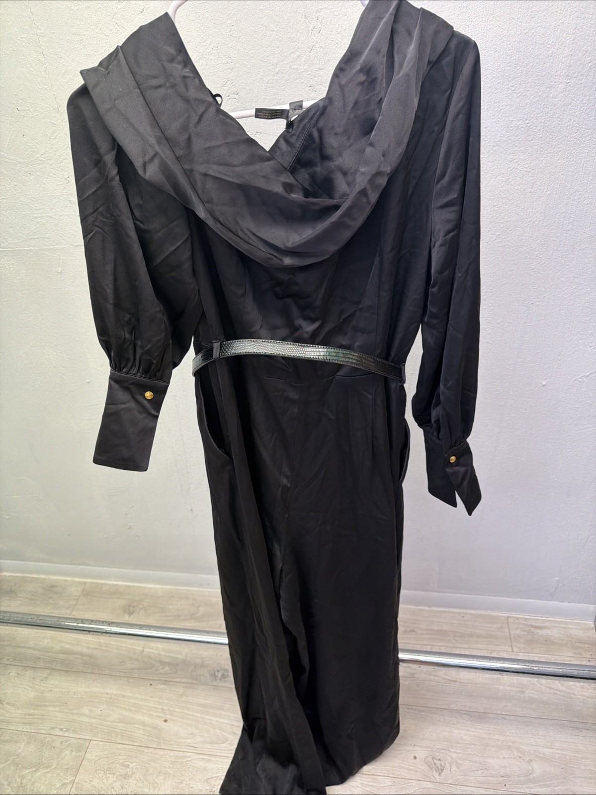 DONNA KARAN (Size 8) Black Draped Neckline Silky Satin Open Back Gown/pants