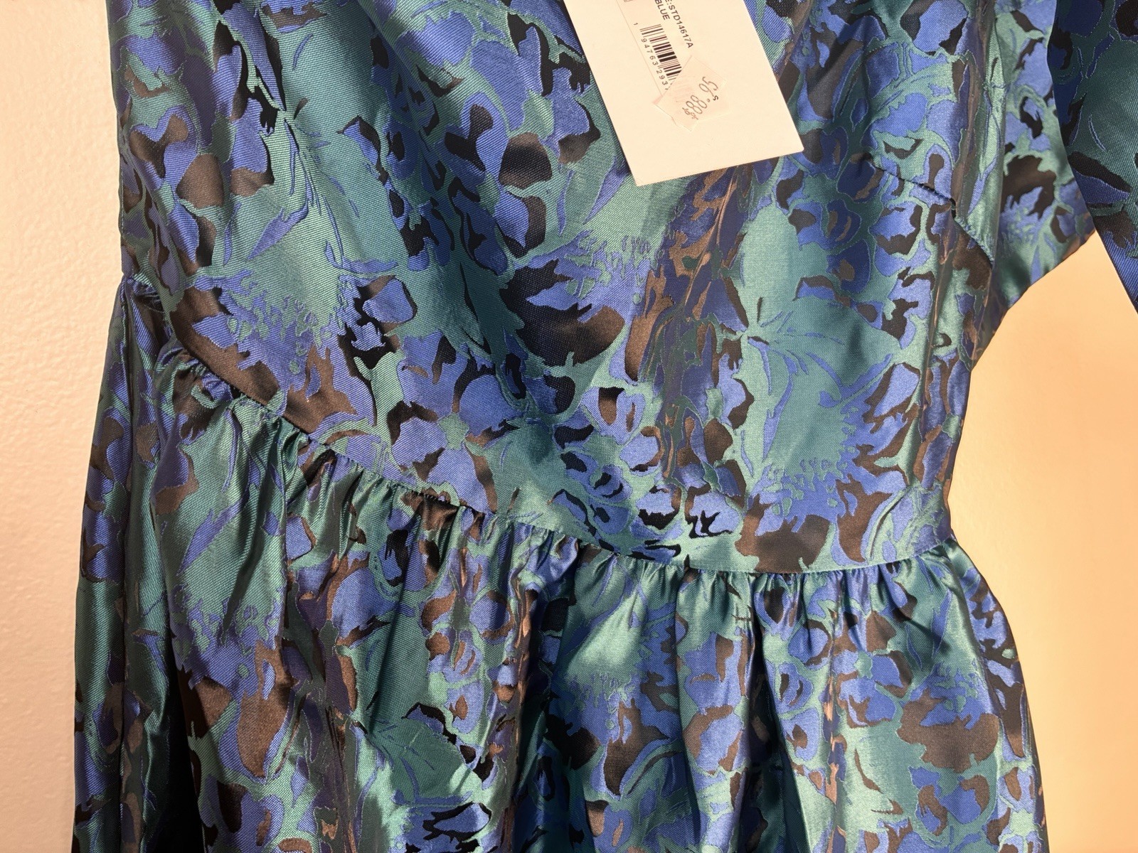 Sugarlips Blue Green Black Floral One Shoulder Satin Midi A-Line Dress S