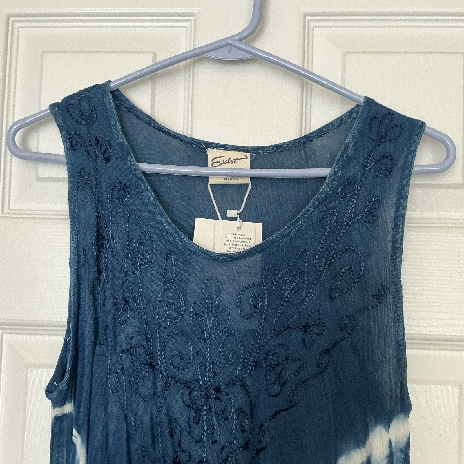 Exist Blue/White Tie Dye Shift Midi Dress One Size Sleeveless V-Neck Embroidered
