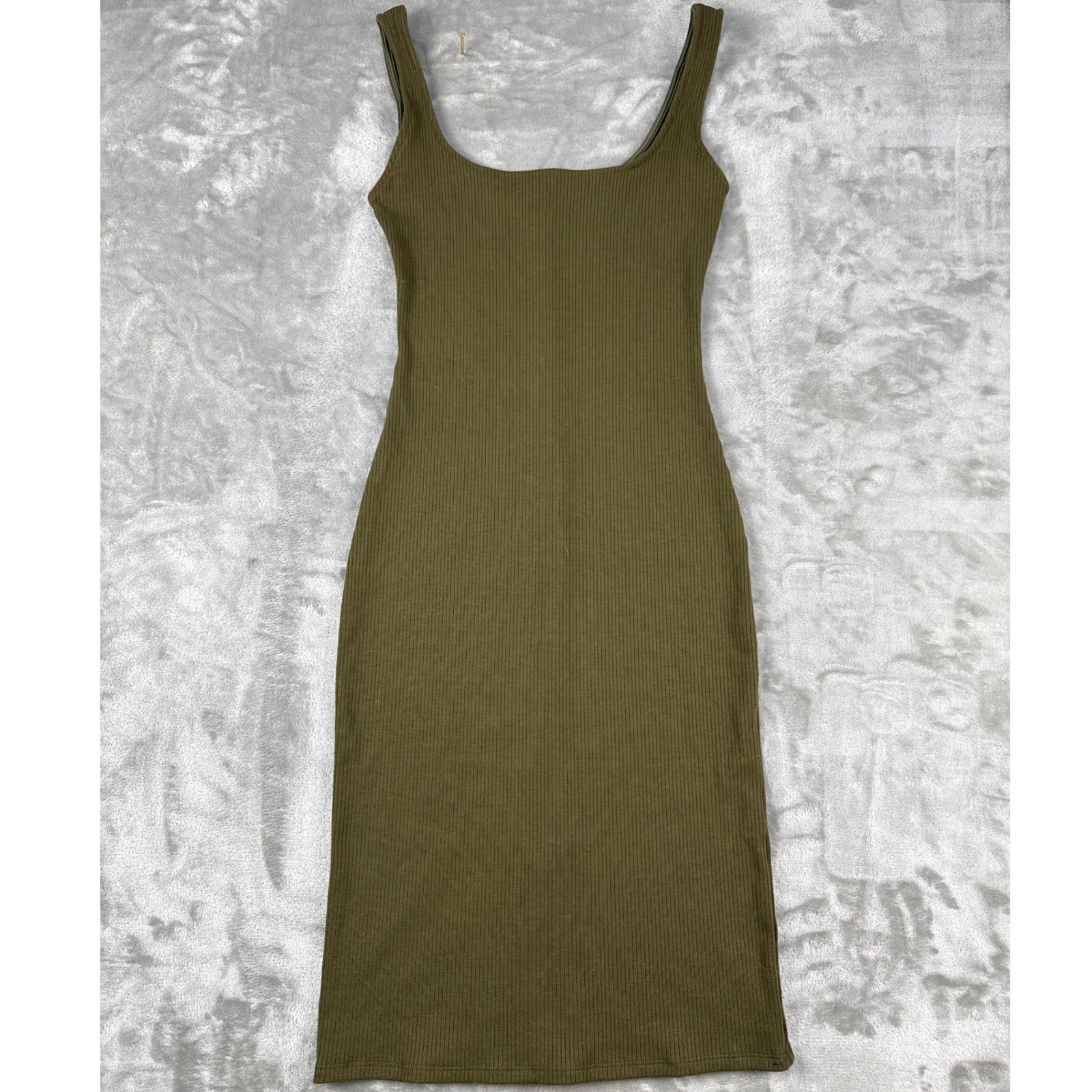 Popular 21 Women Olive Green Ribbed Knit Bodycon Midi Dress Square Neck DX7486 S