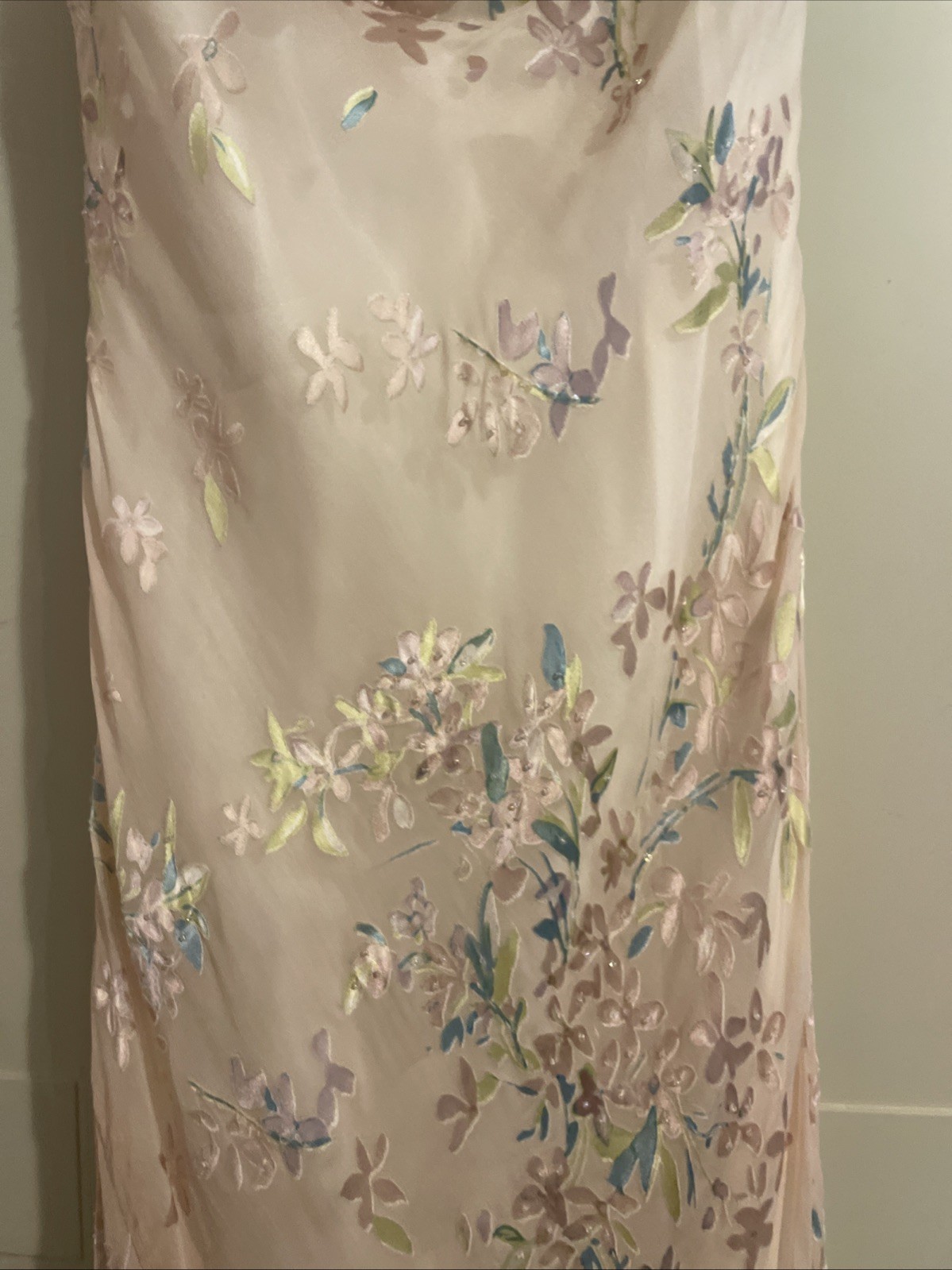 90s Monsoon bias cut Silk Floral Long Dress UK 8 Baby Pink Y2k Embellished
