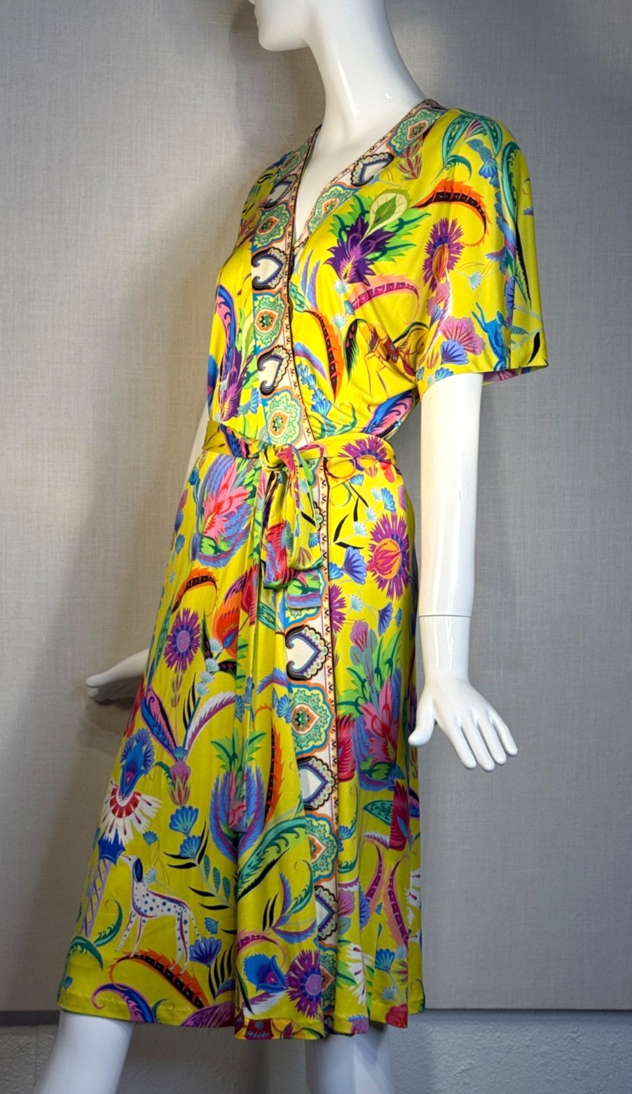ETRO Milano SILK JERSEY Yellow Print Wrap Dress SIZE IT46 US10 , S/S 2018 NWOT