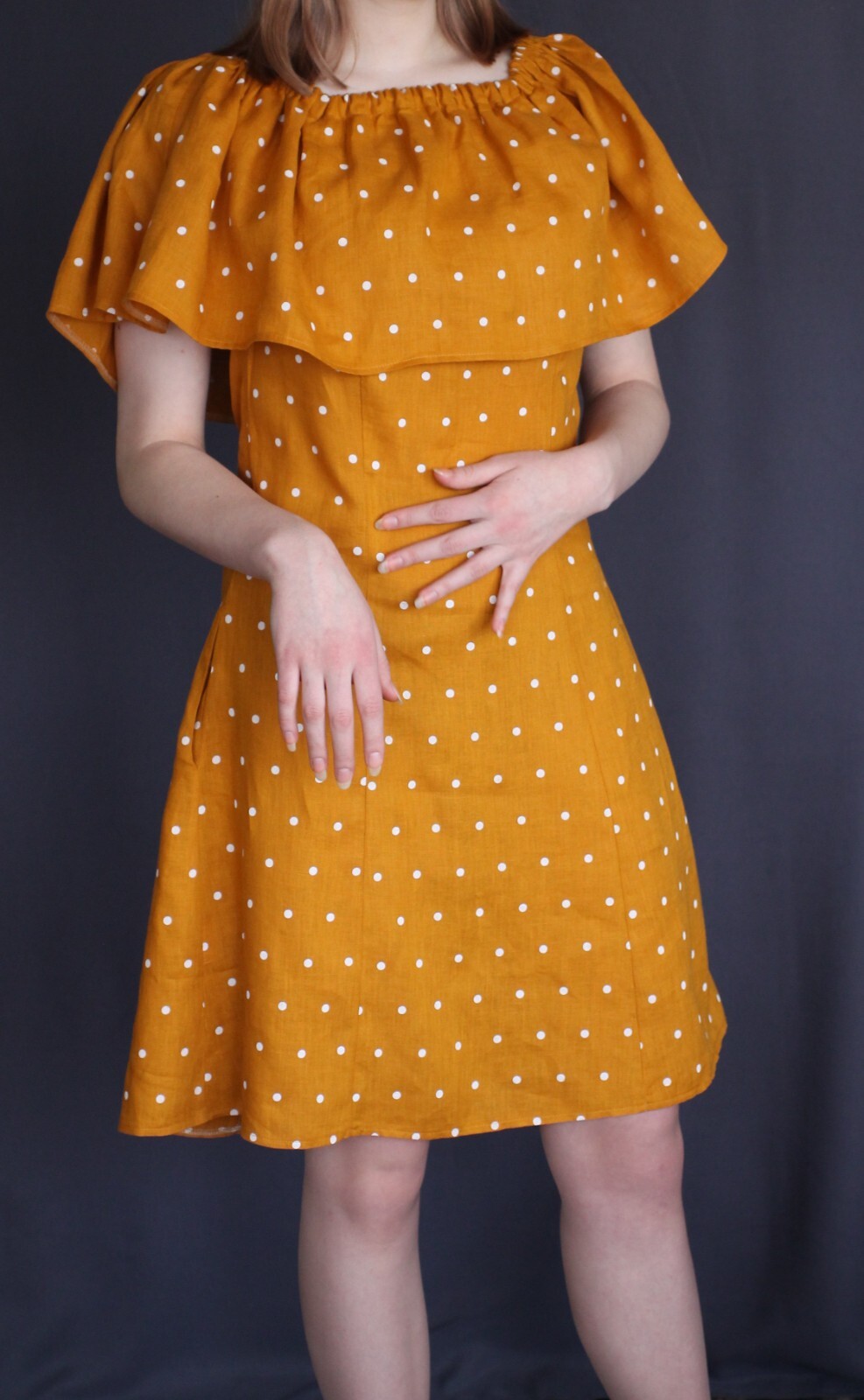 LINEN DRESS, Linen Summer Dress With Ruffled Top, Shoulder off Mustard Dress