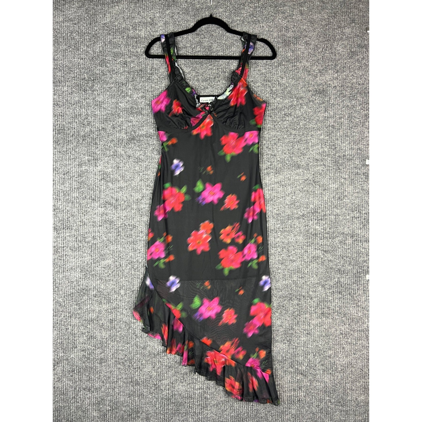 Almost Famous Whimsy Goth Floral Dress Y2K Fairycore Black Mesh Large